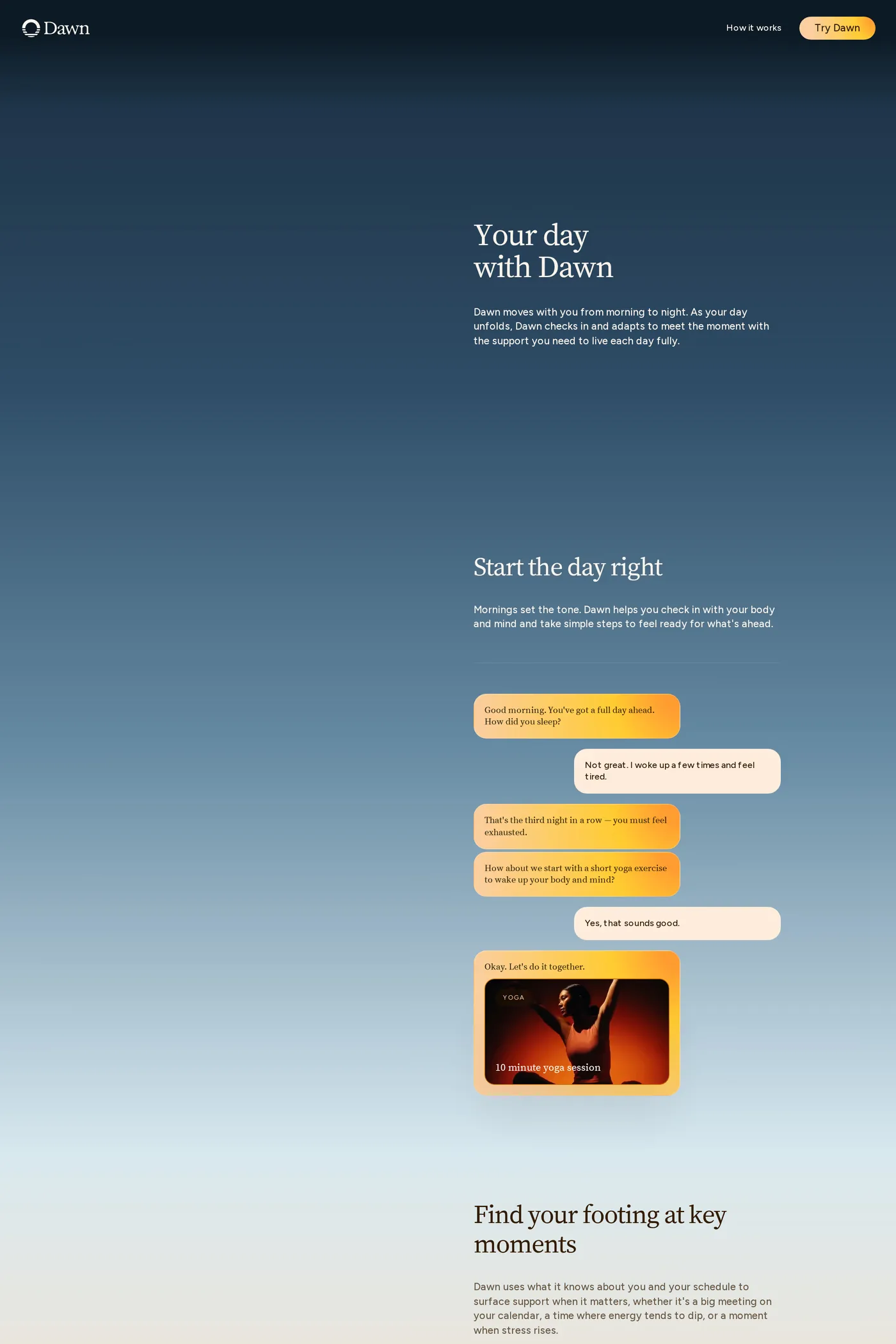 Dawn — screenshot of the features page