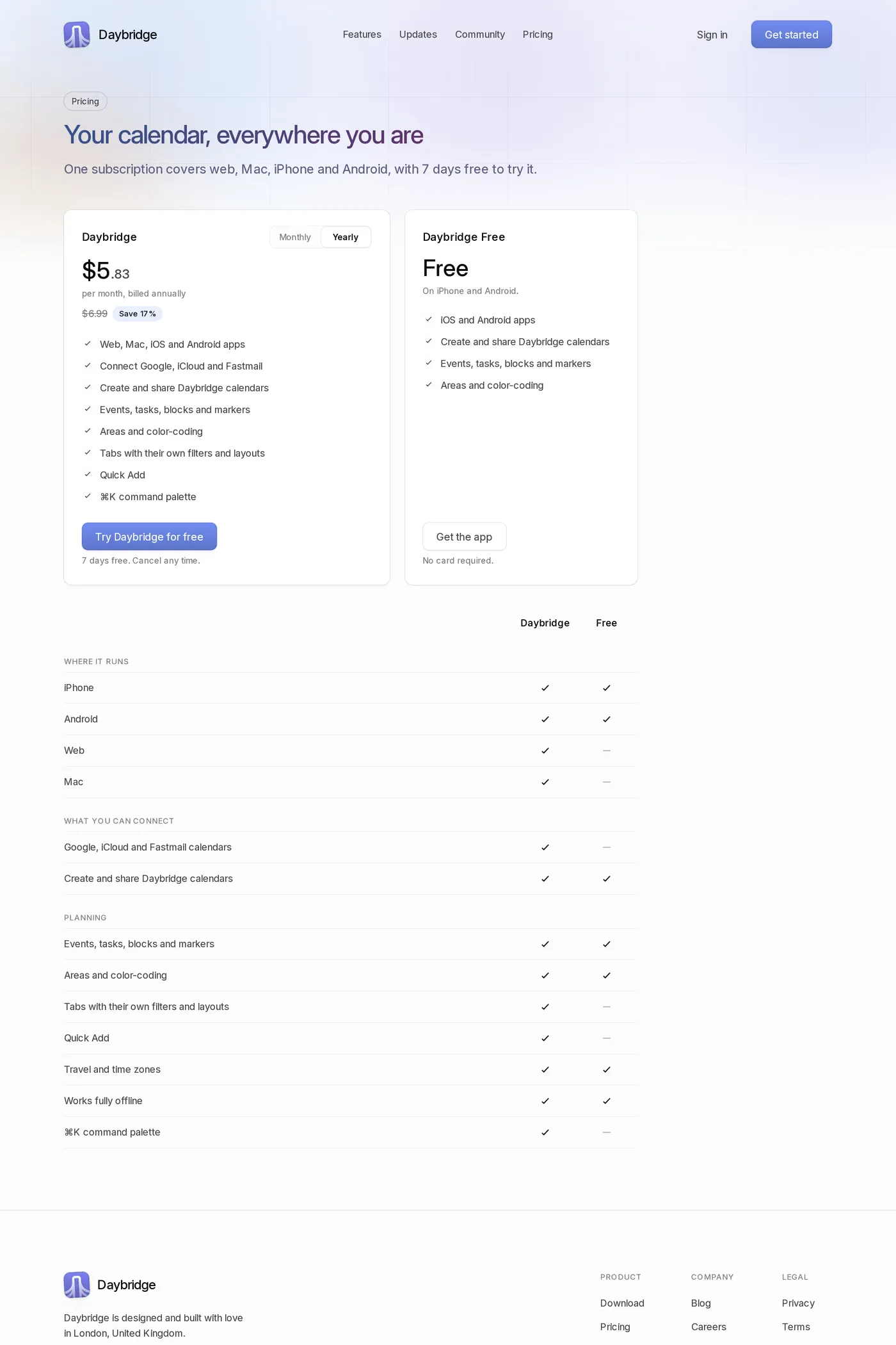 Daybridge — screenshot of the pricing page
