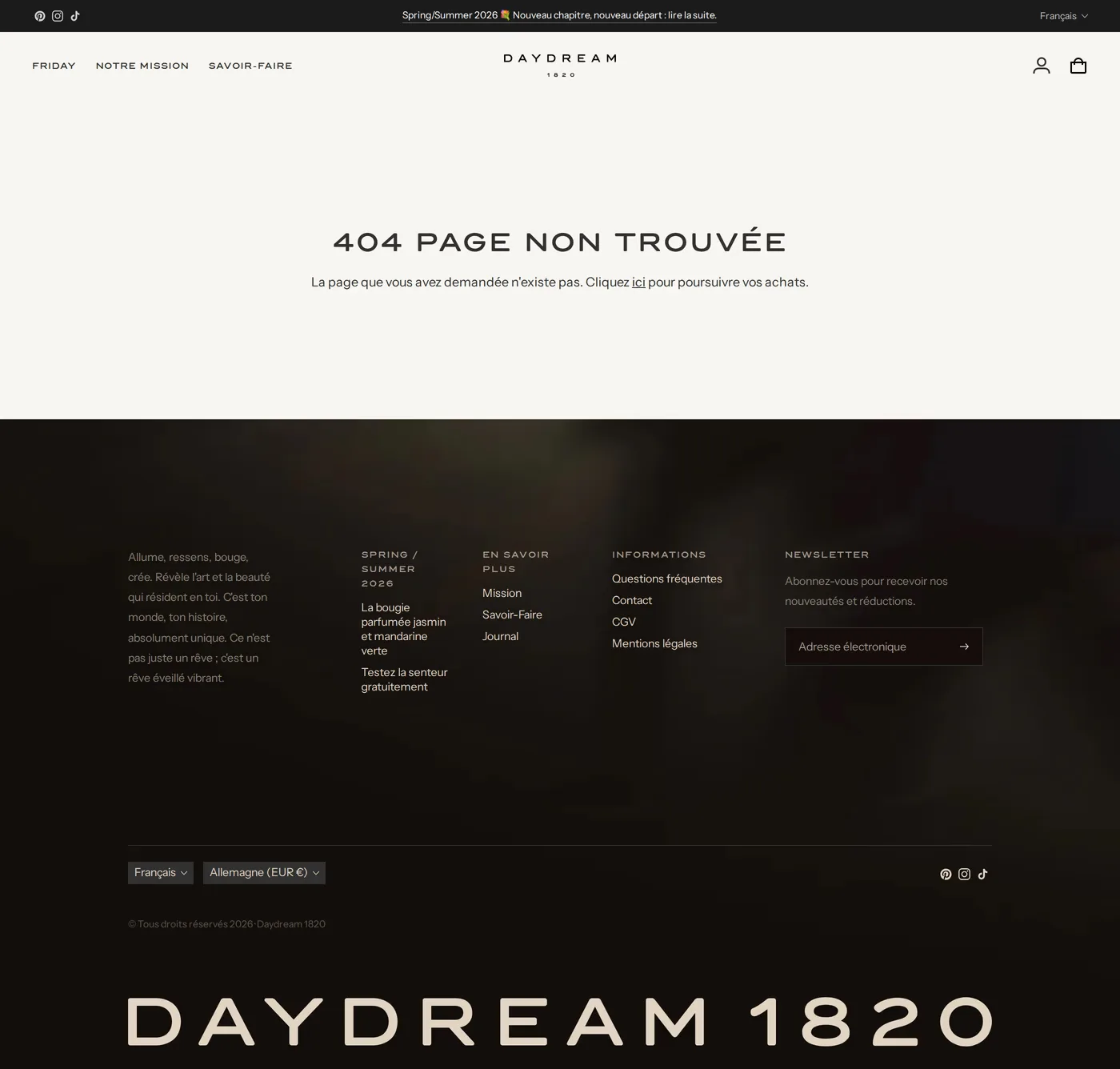 Daydream 1820 — screenshot of the 404 page