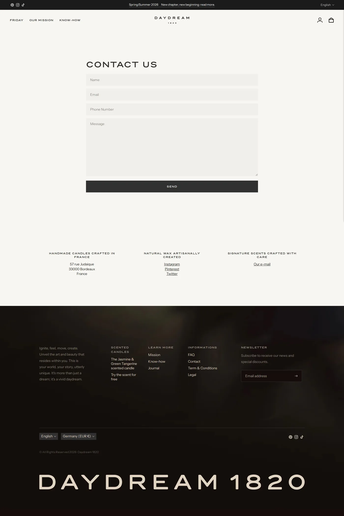 Daydream 1820 — screenshot of the contact page