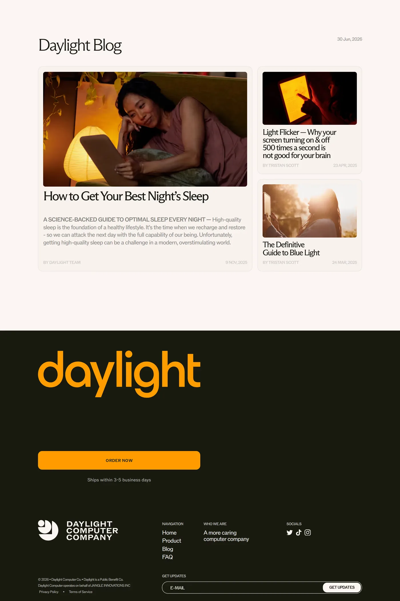 Daylight — screenshot of the blog page