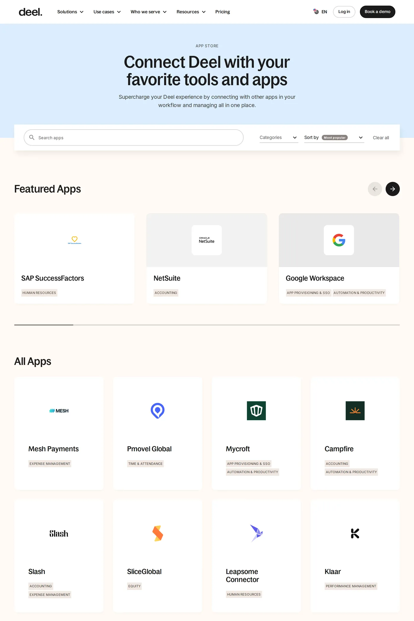 Deel — screenshot of the integrations page