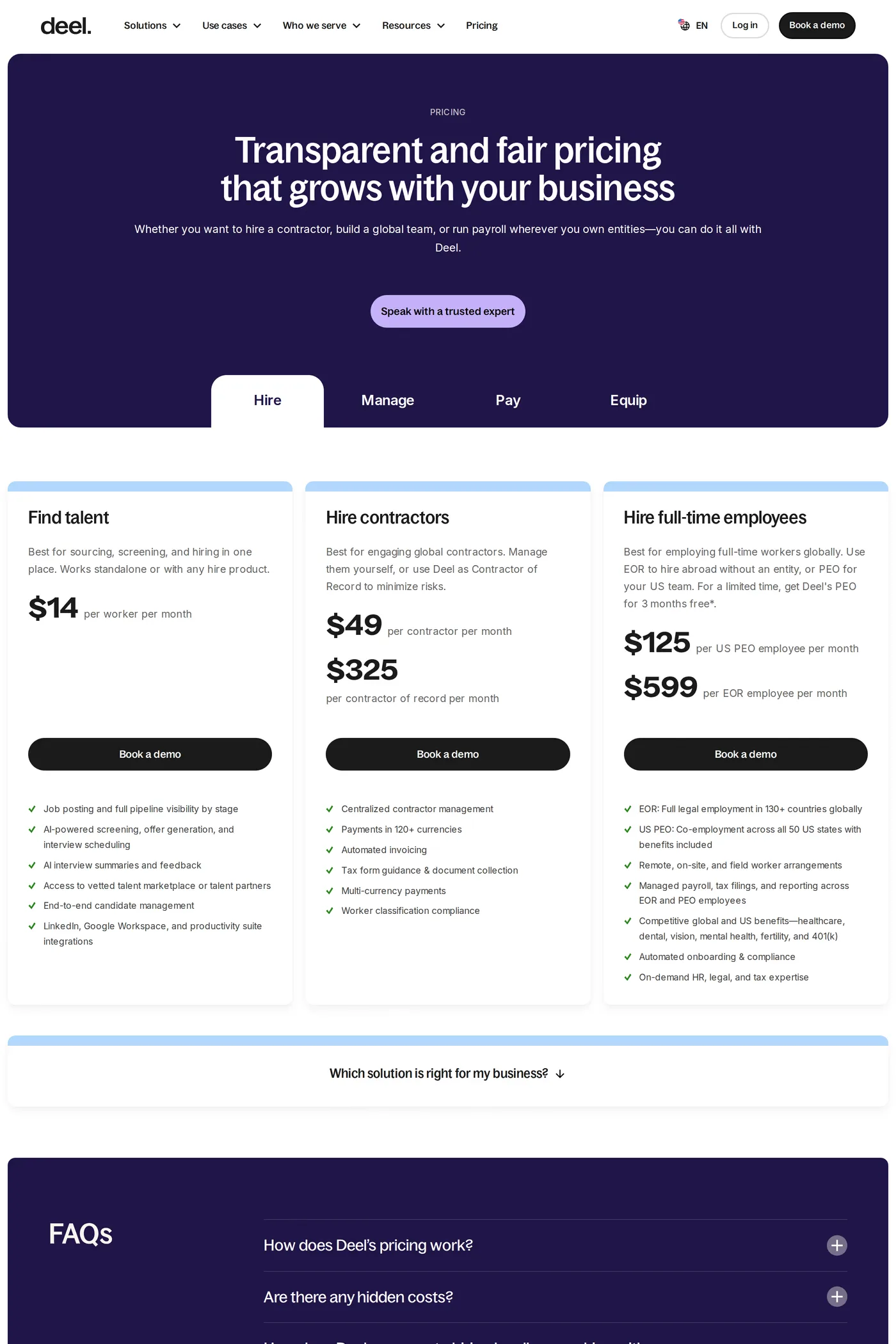 Deel — screenshot of the pricing page