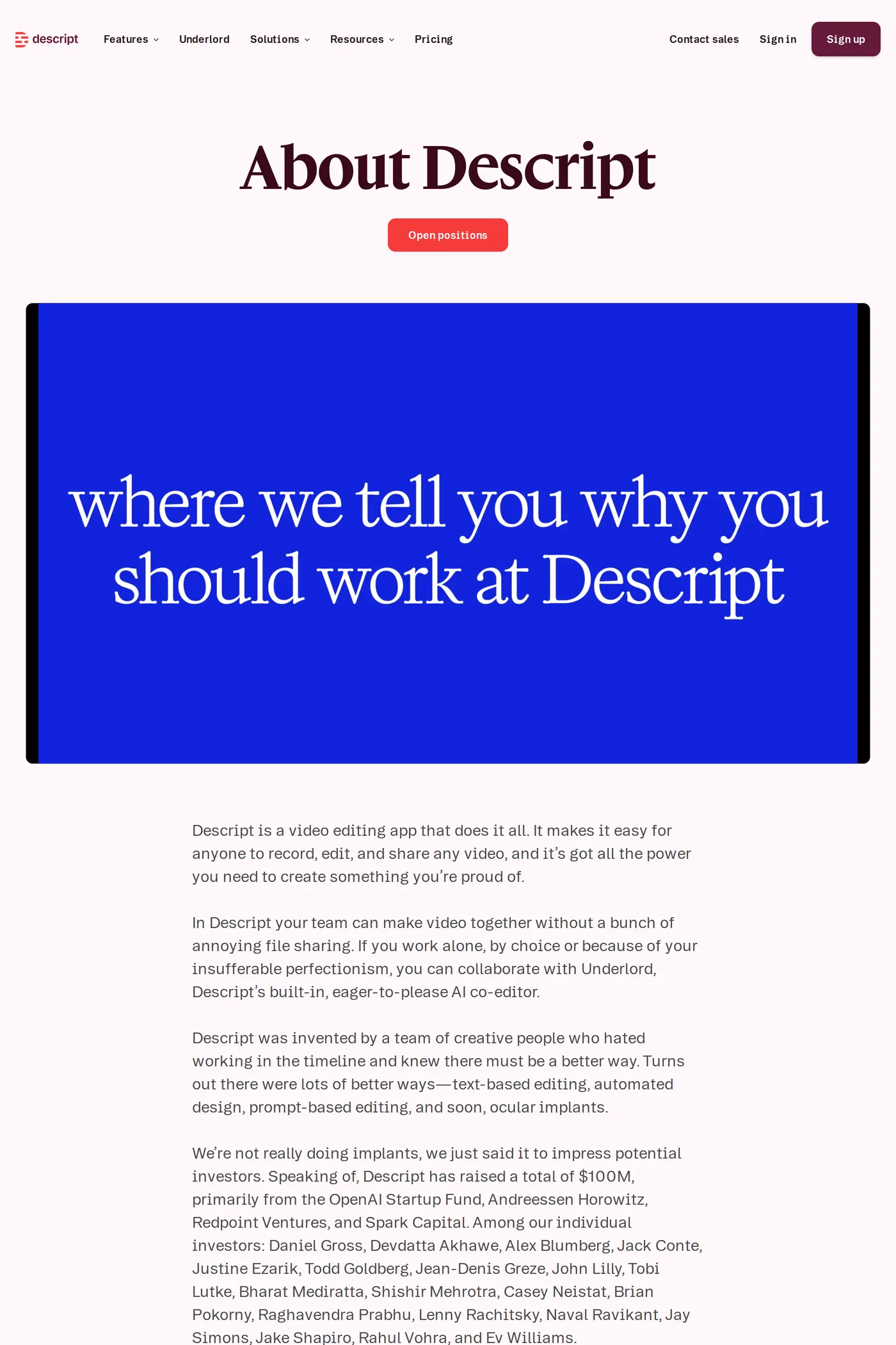 Descript — screenshot of the about page