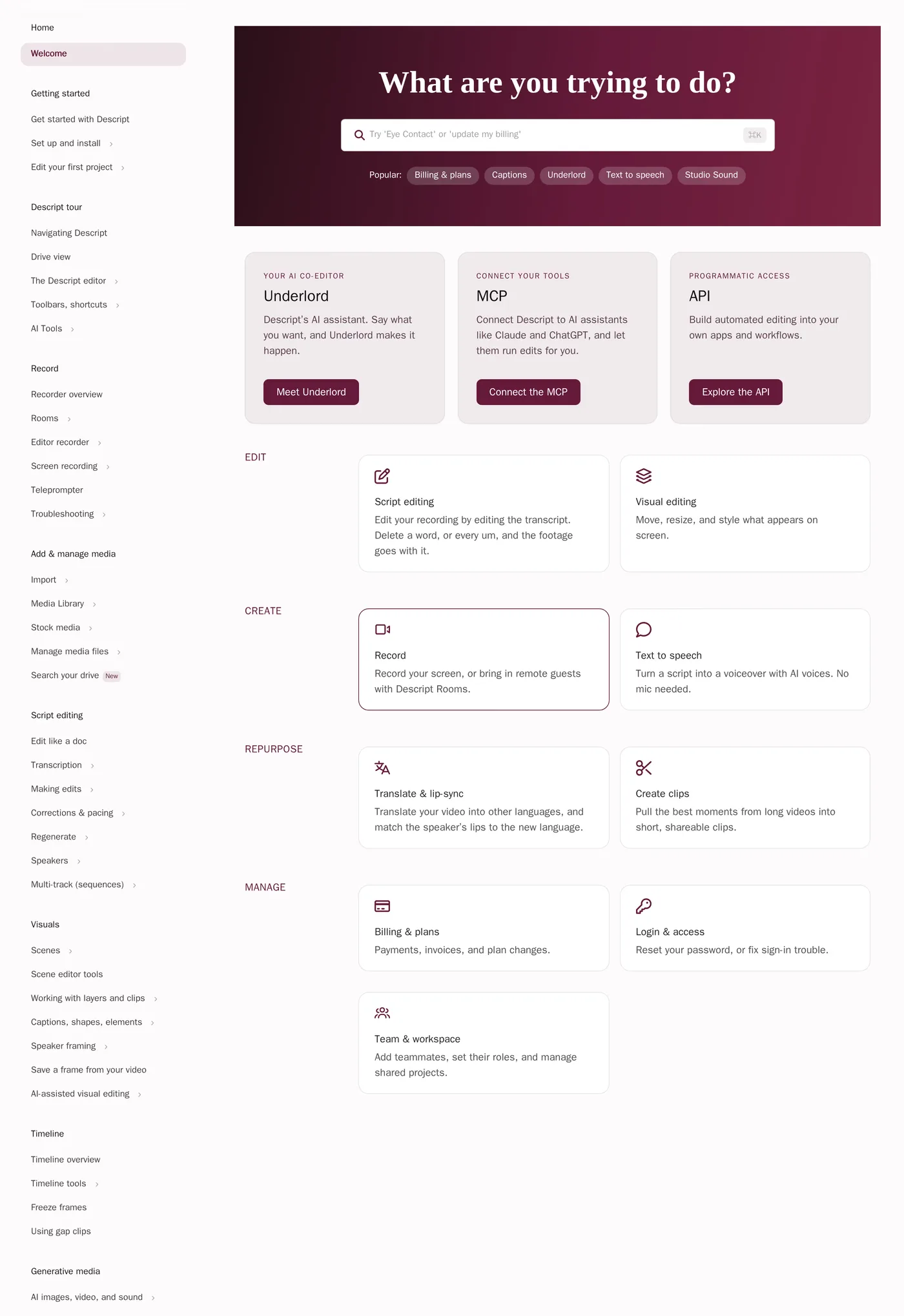 Descript — screenshot of the docs page