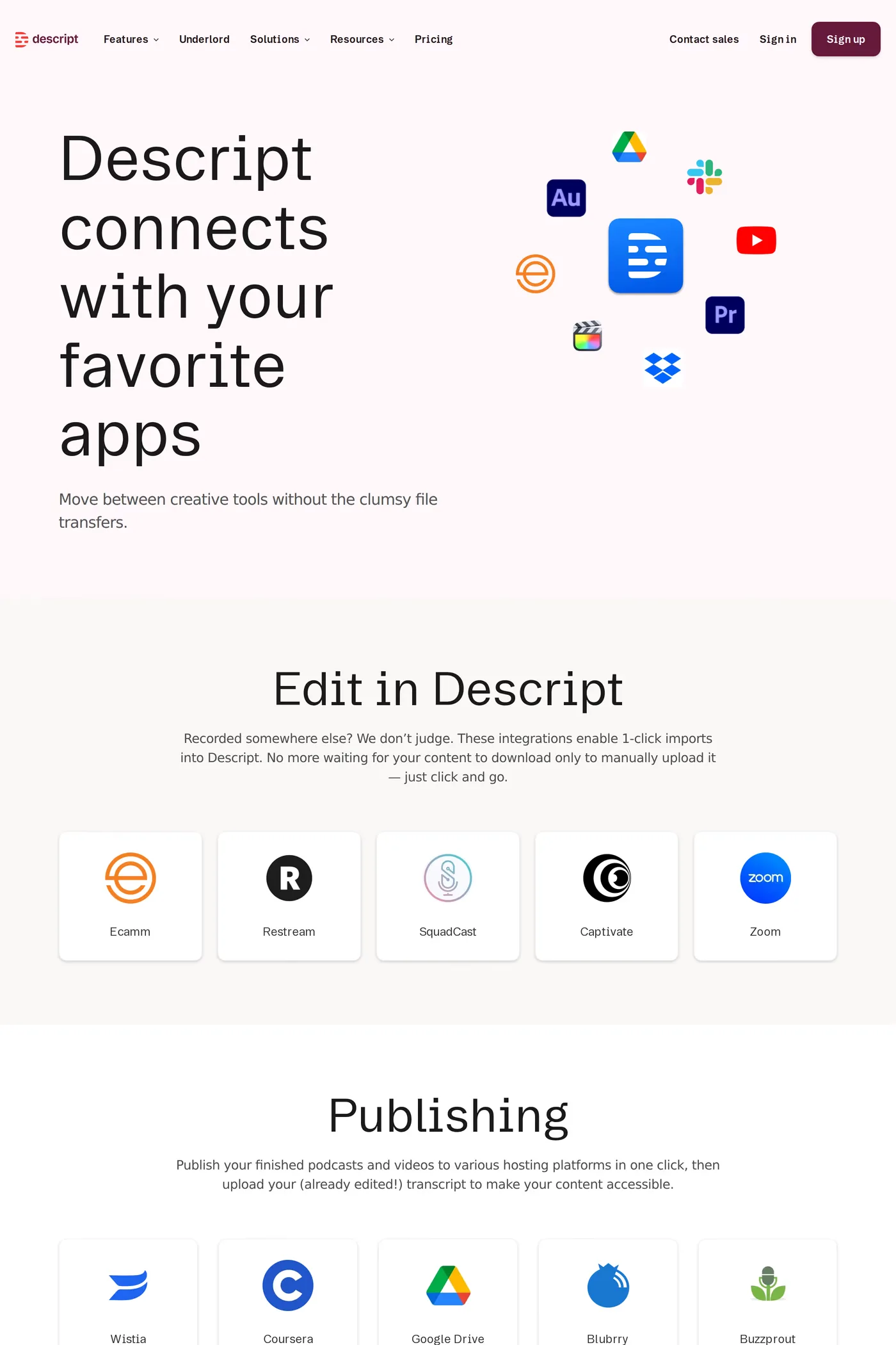 Descript — screenshot of the integrations page