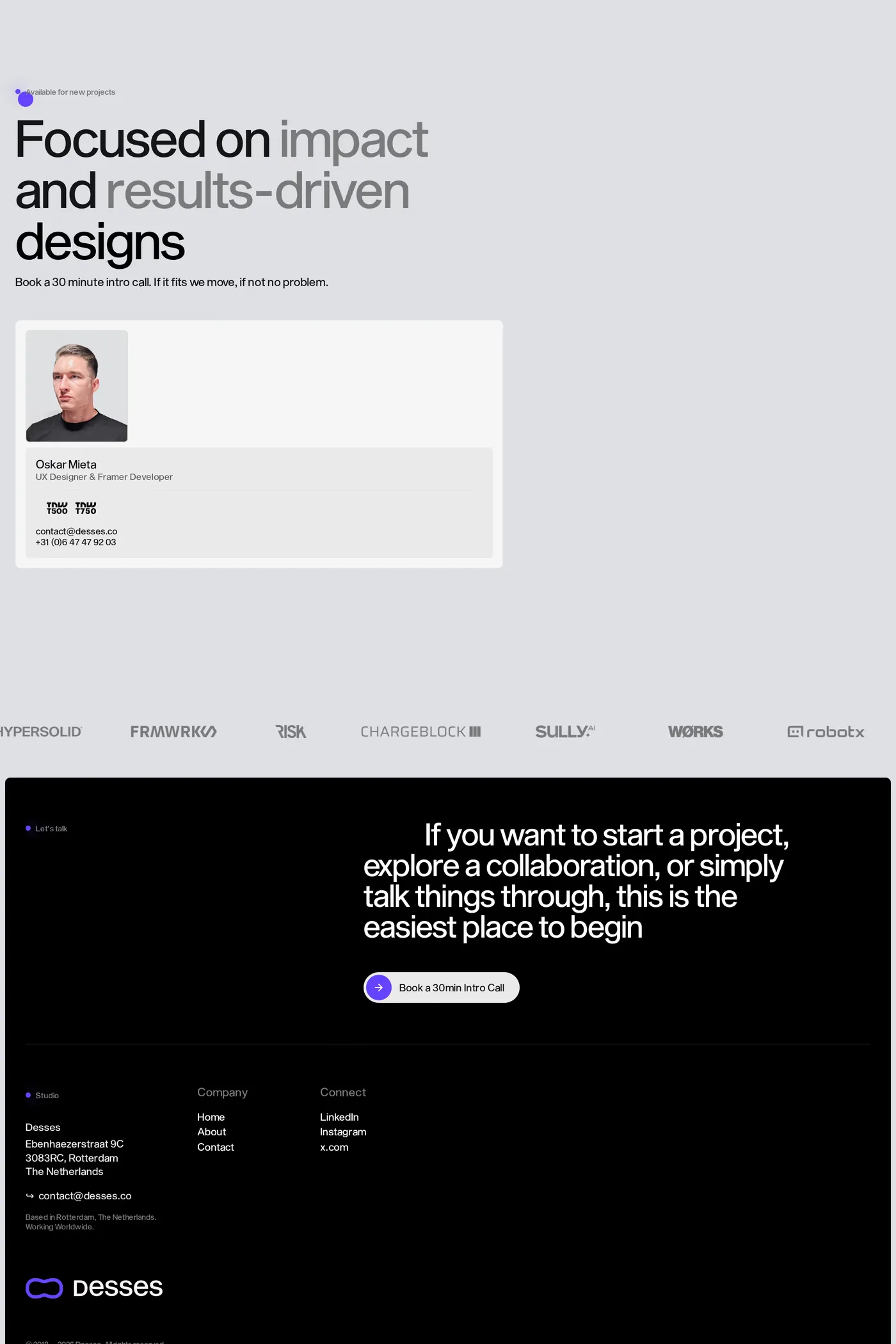 Desses — screenshot of the contact page