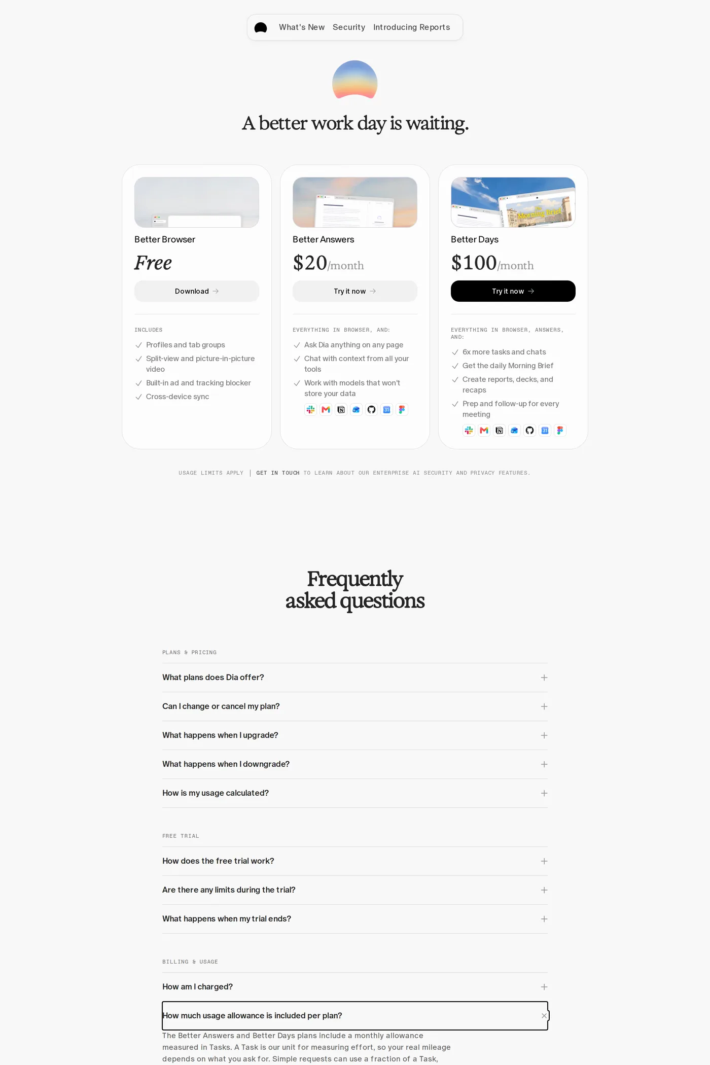 Dia — screenshot of the pricing page