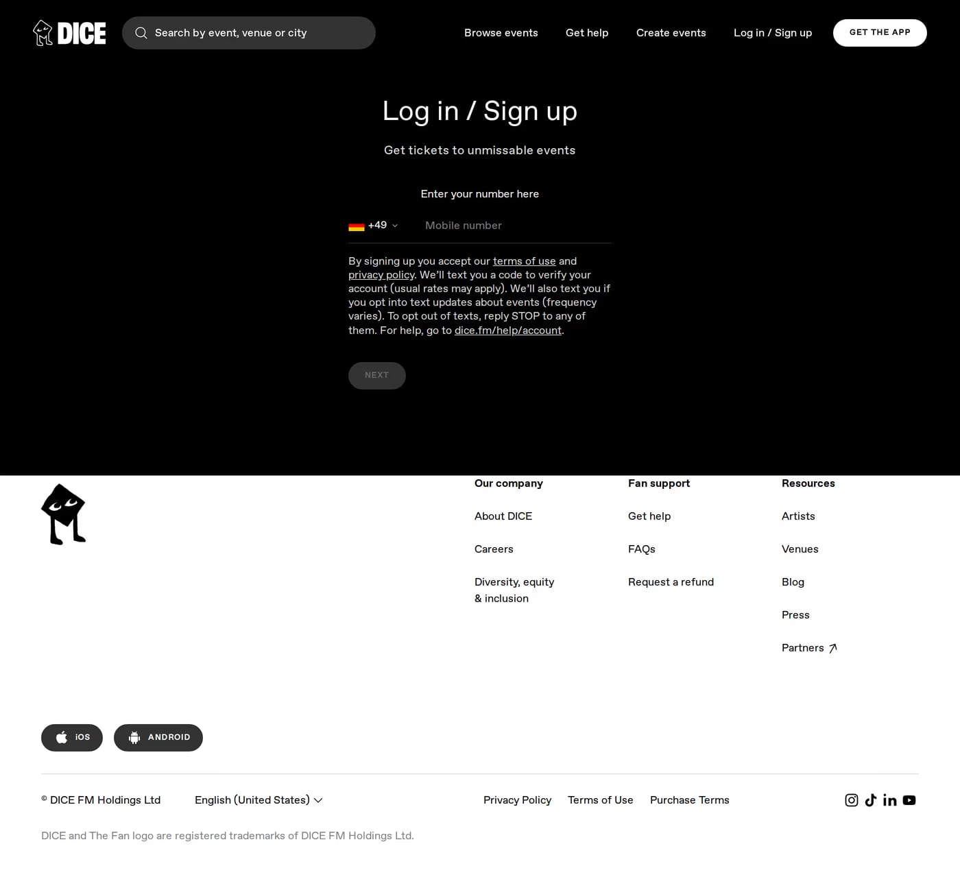 DICE login page