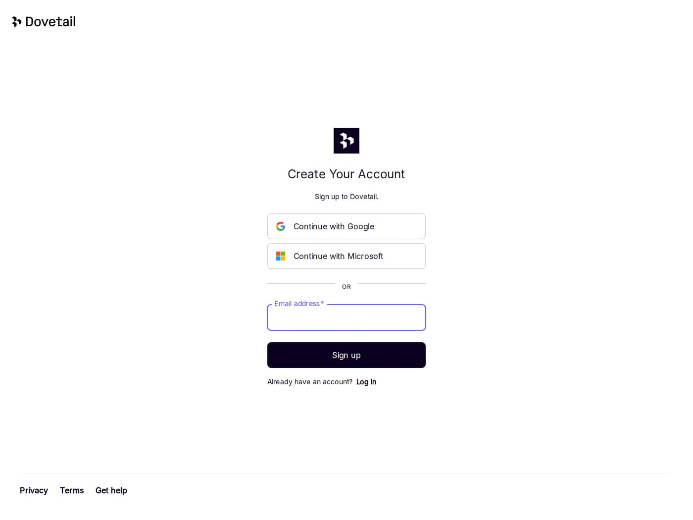 Dovetail — screenshot of the login page
