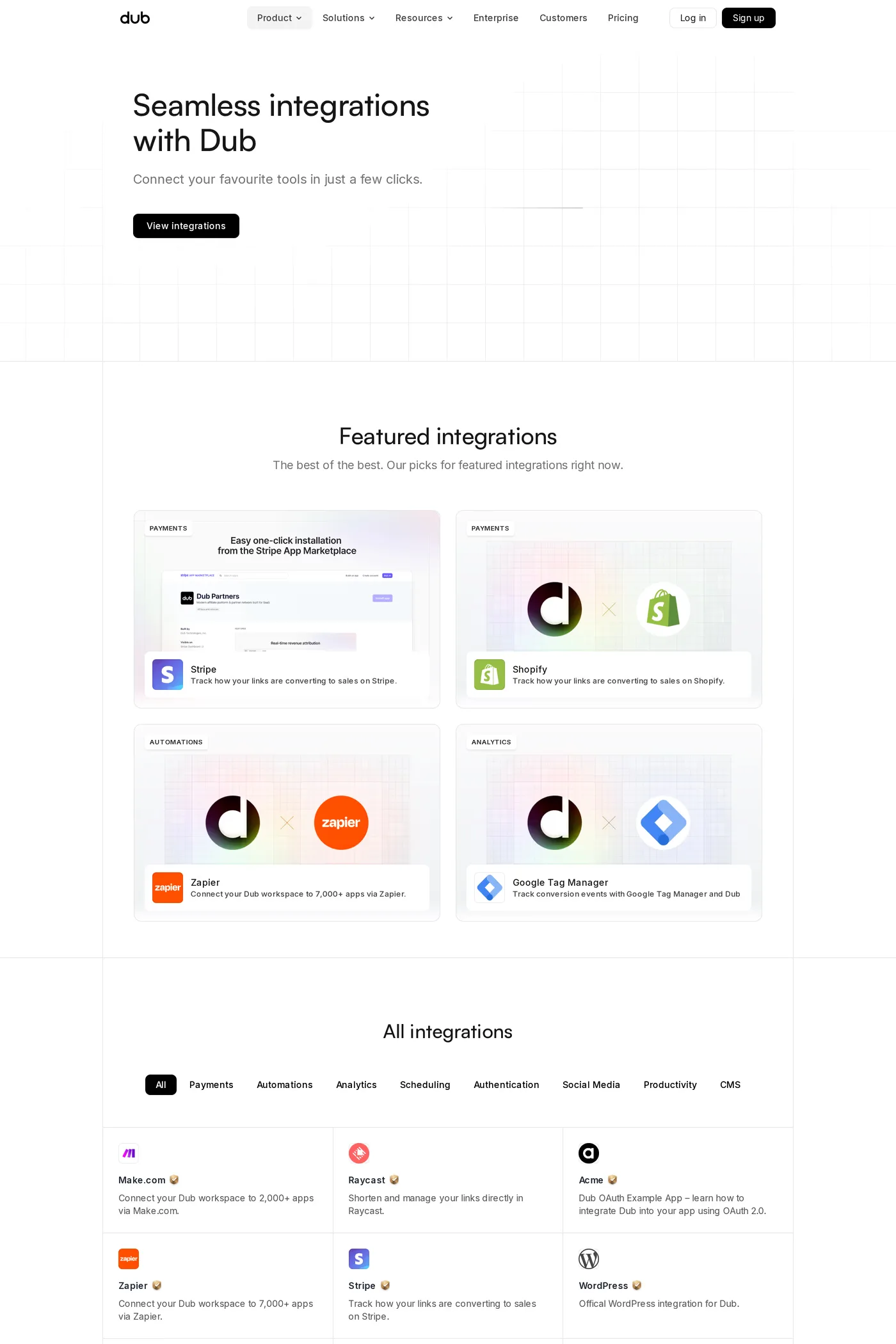 Dub — screenshot of the integrations page