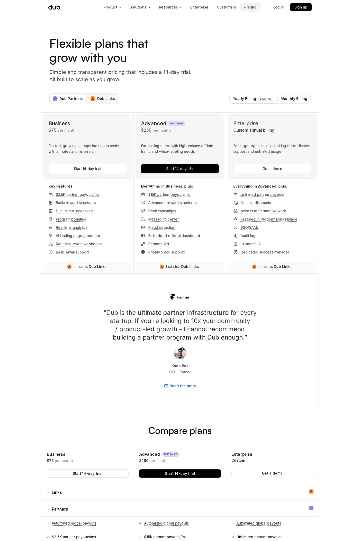 Dub — screenshot of the pricing page