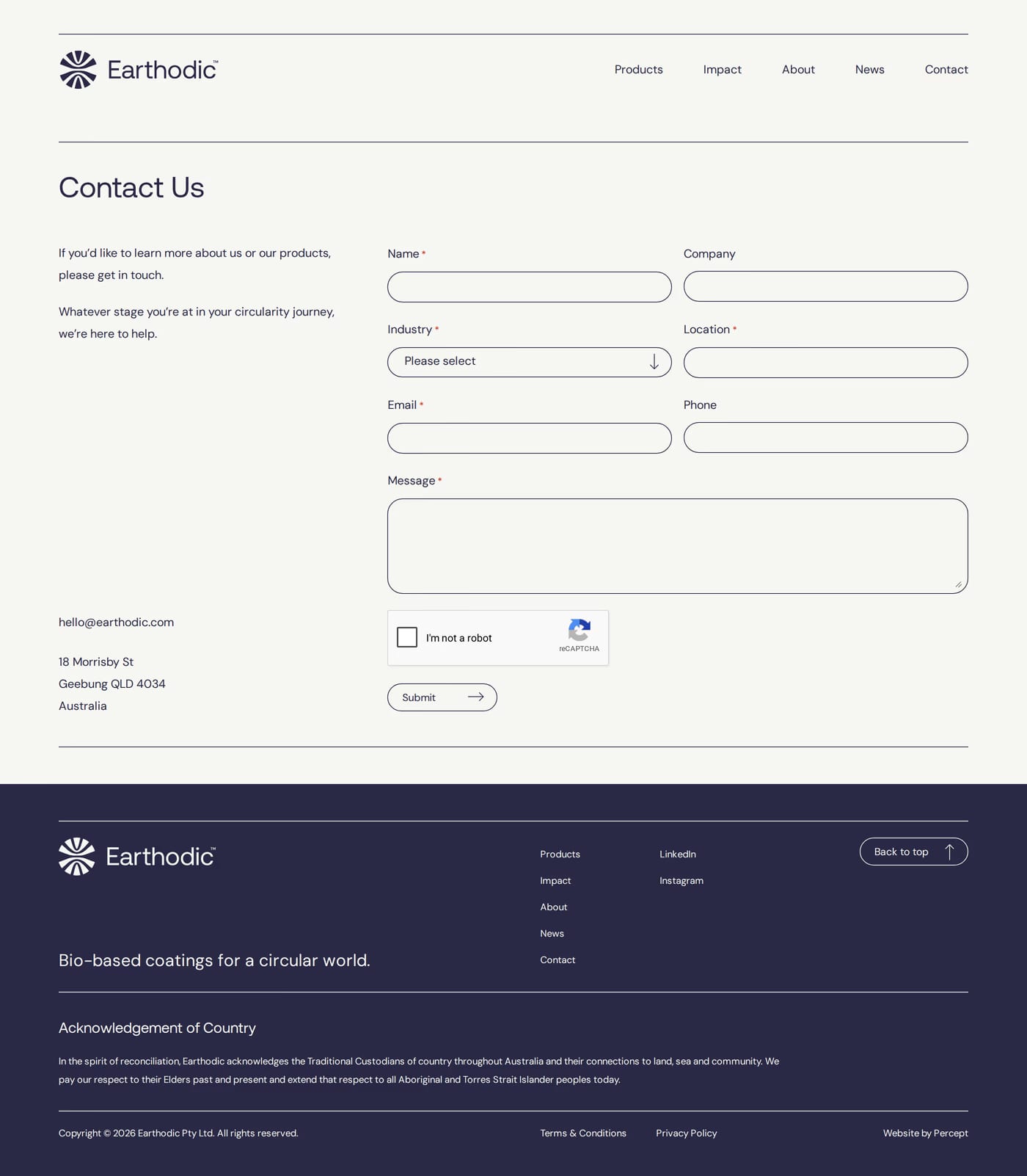 Earthodic — screenshot of the contact page