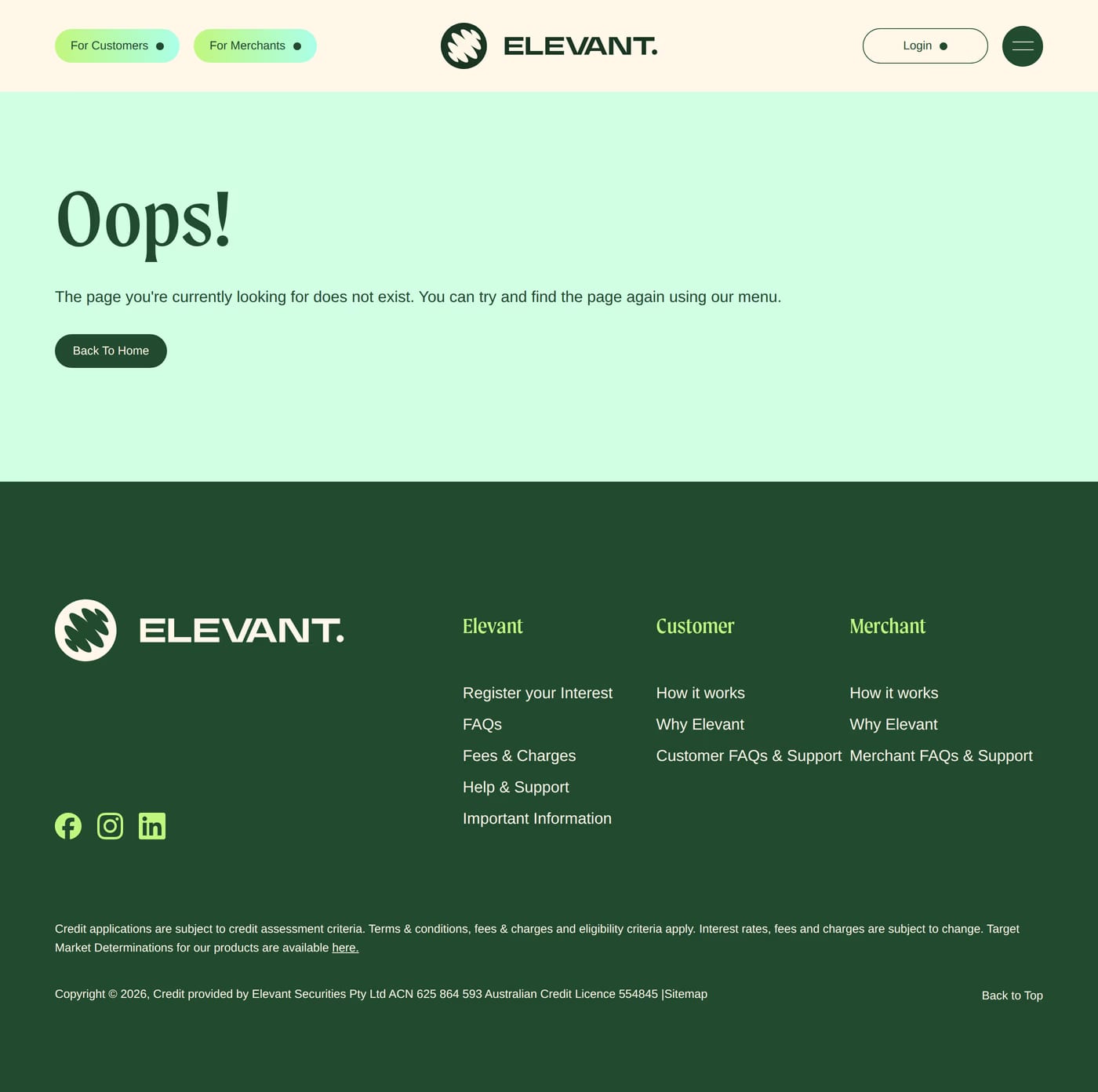 Elevant — screenshot of the 404 page