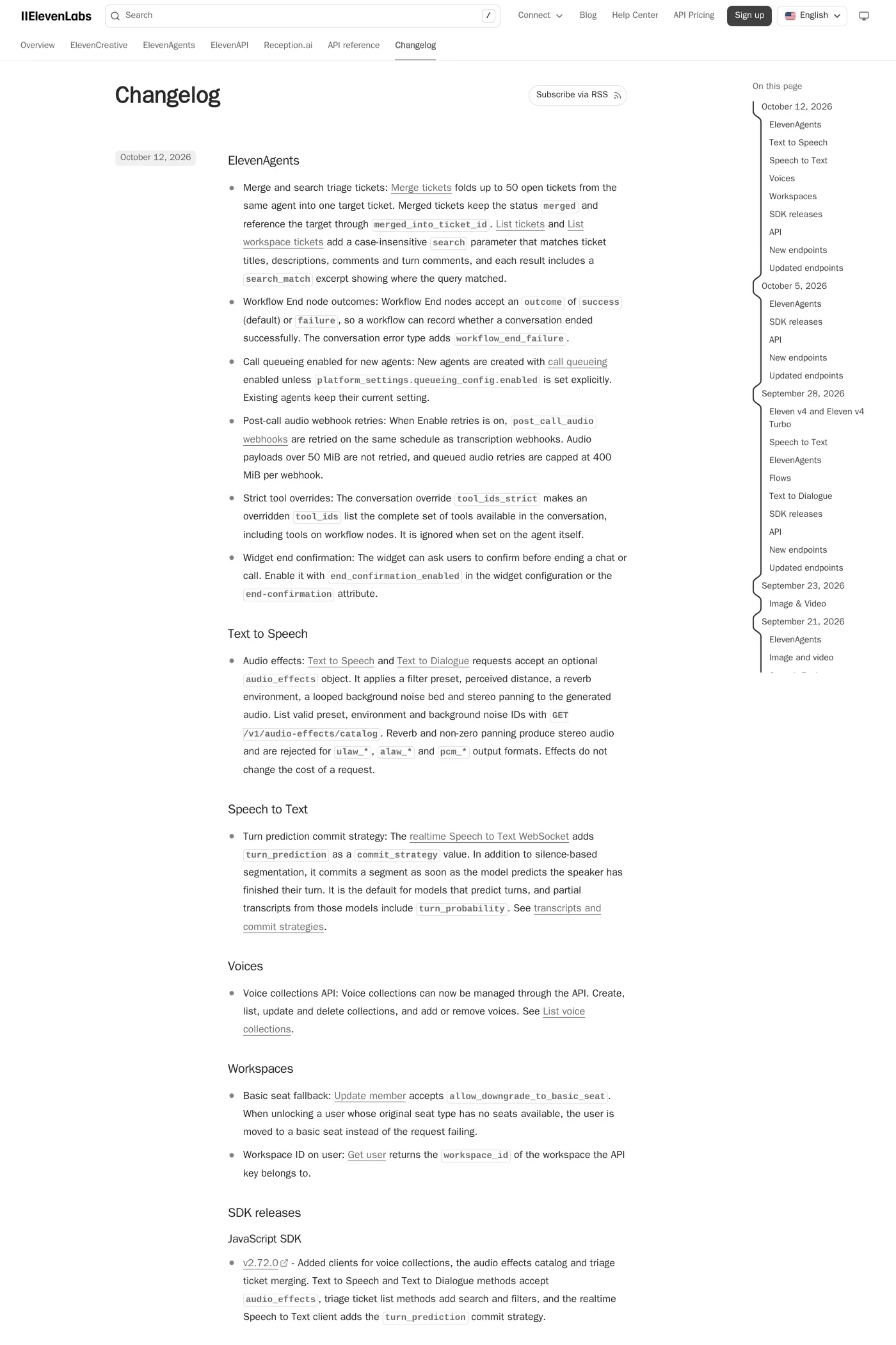 ElevenLabs — screenshot of the changelog page