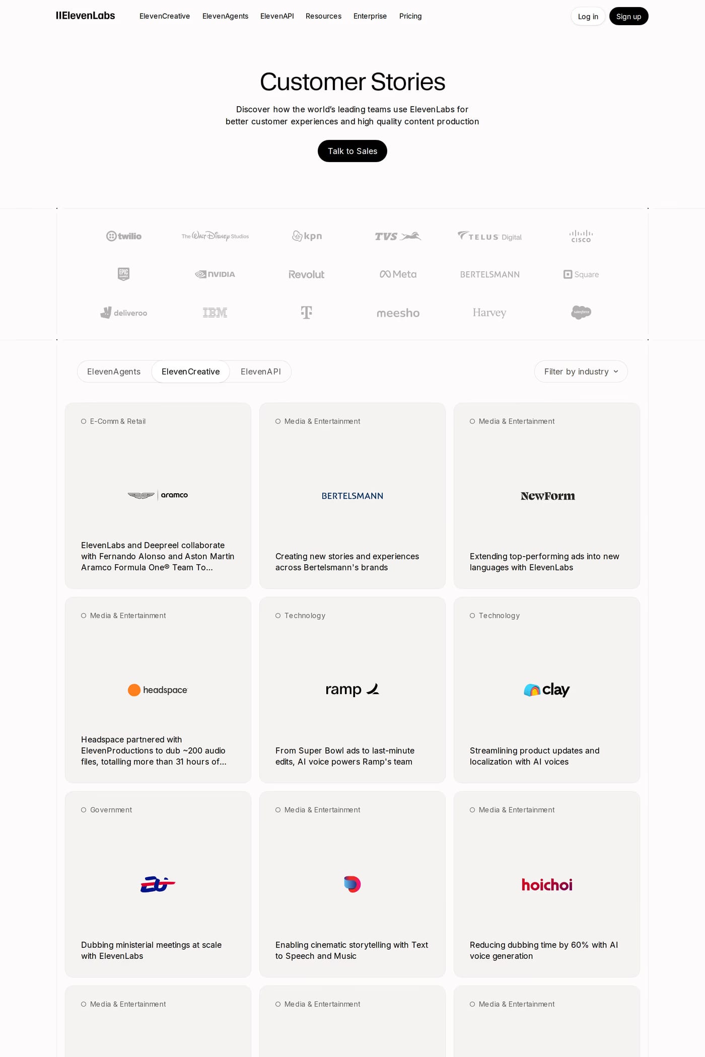 ElevenLabs Studio — screenshot of the case studies page