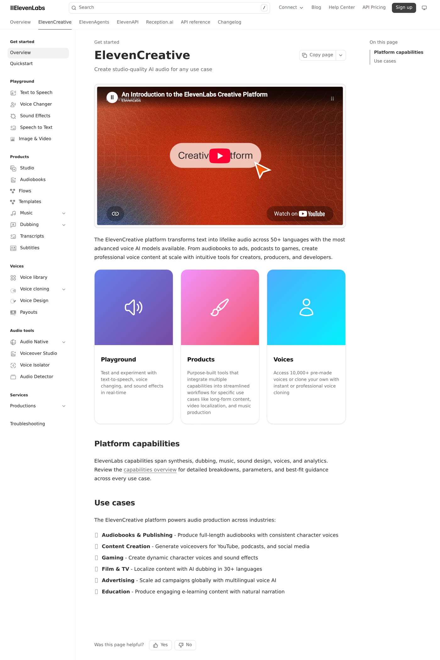 ElevenLabs Studio — screenshot of the docs page