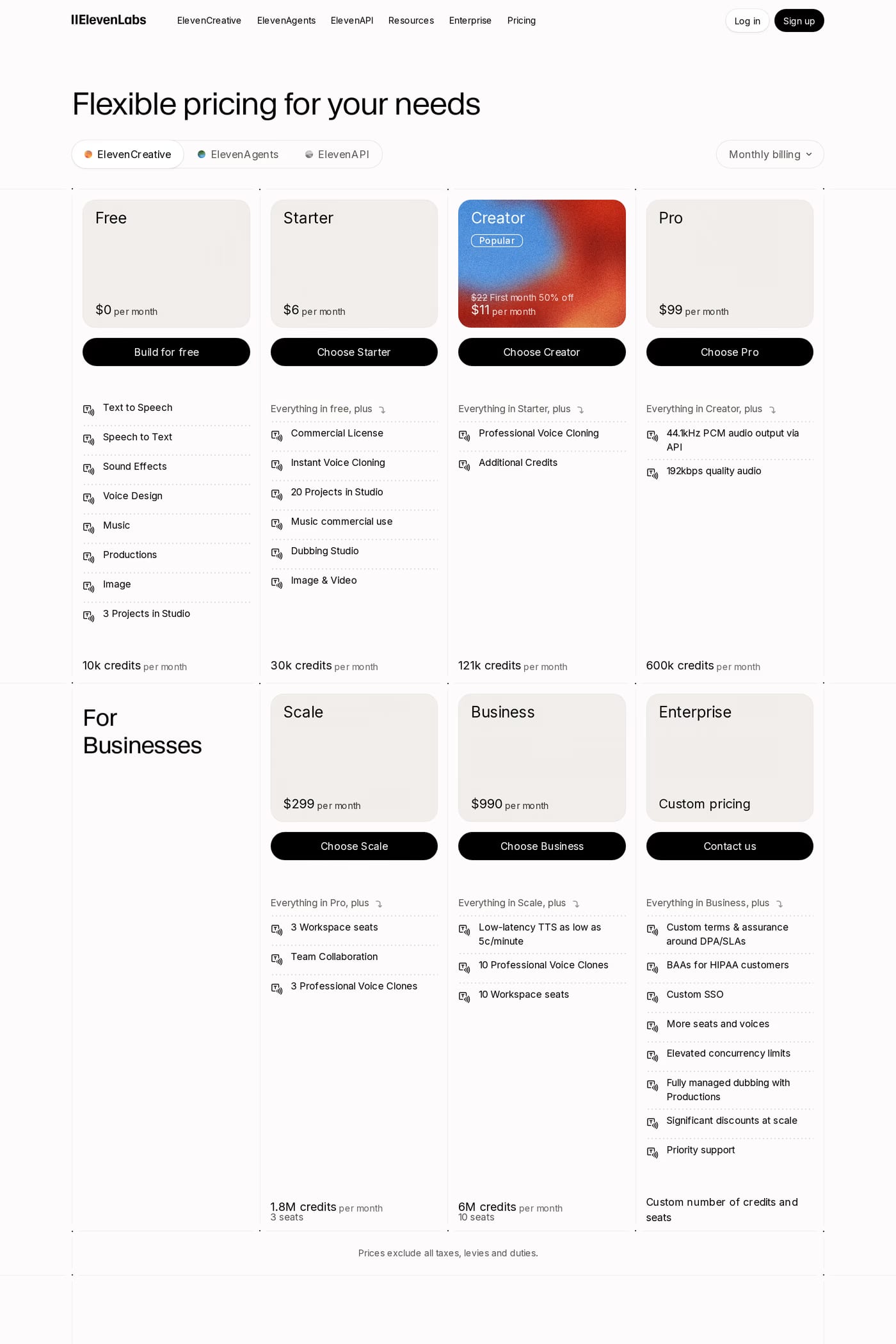 ElevenLabs Studio — screenshot of the pricing page