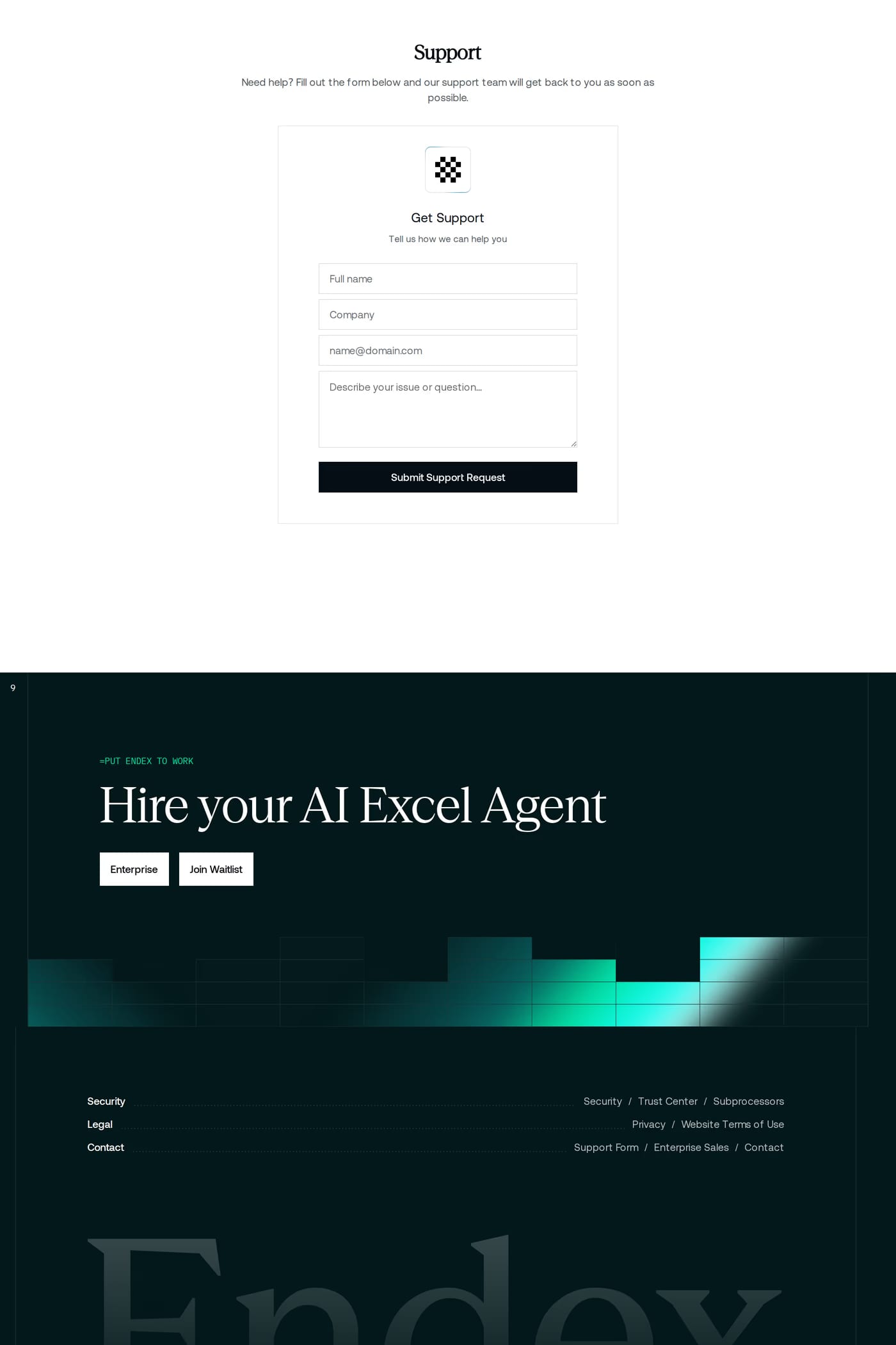 Endex — screenshot of the contact page