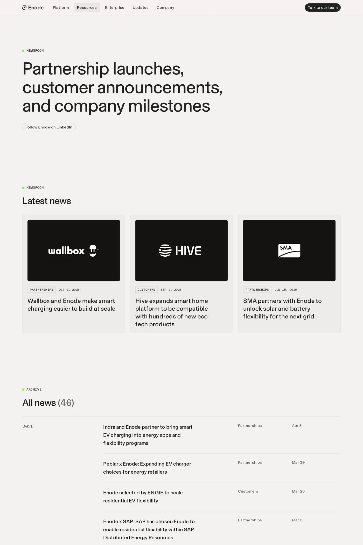 Enode — screenshot of the blog page