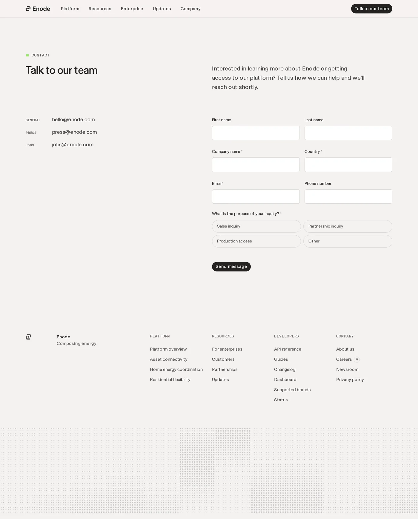 Enode — screenshot of the contact page