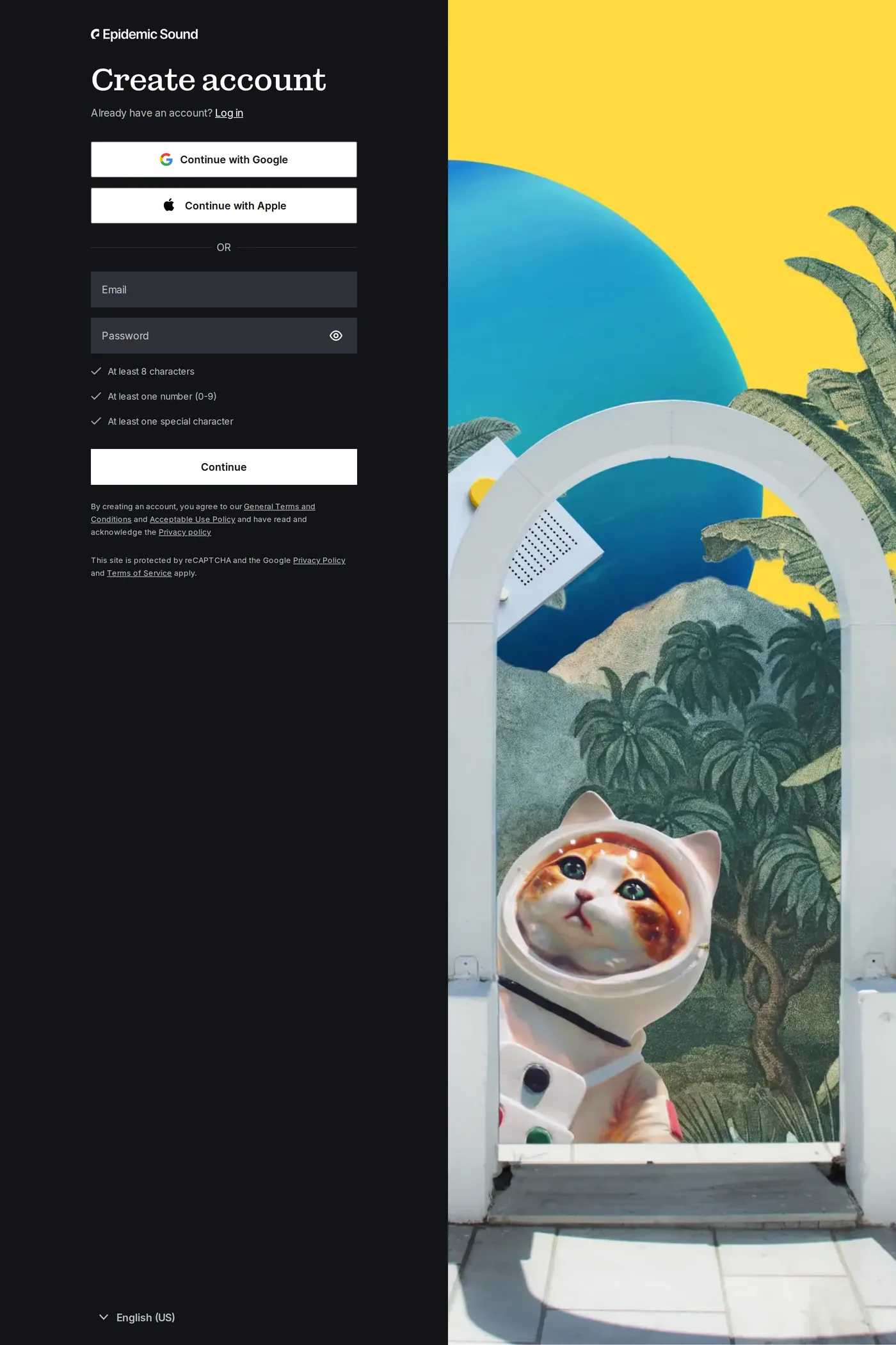 Epidemic Sound — screenshot of the sign up page