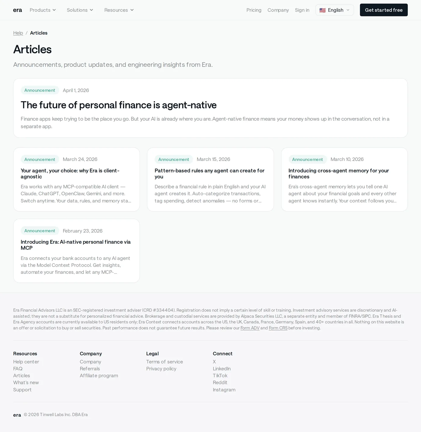 Era — screenshot of the changelog page