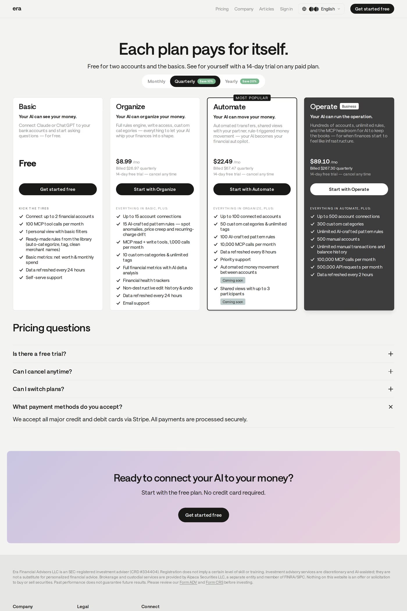Era — screenshot of the pricing page