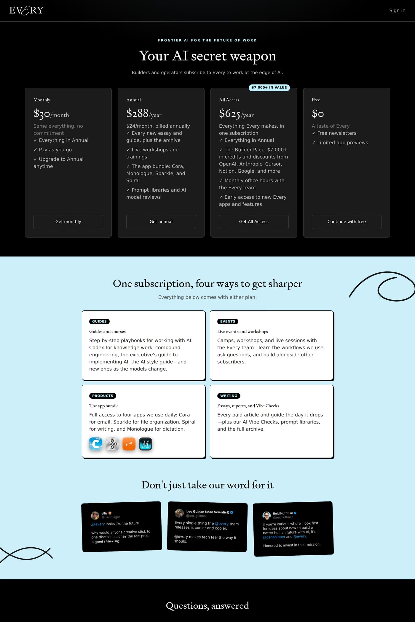 Every — screenshot of the pricing page