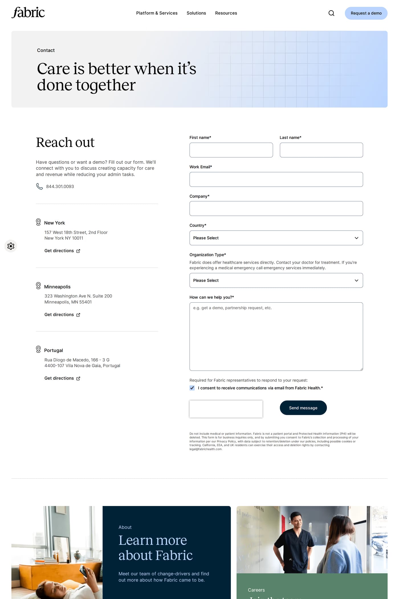 Fabric — screenshot of the contact page