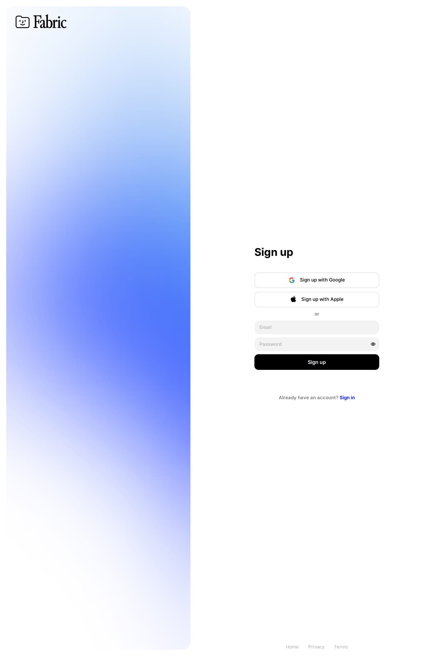 Fabric sign up page