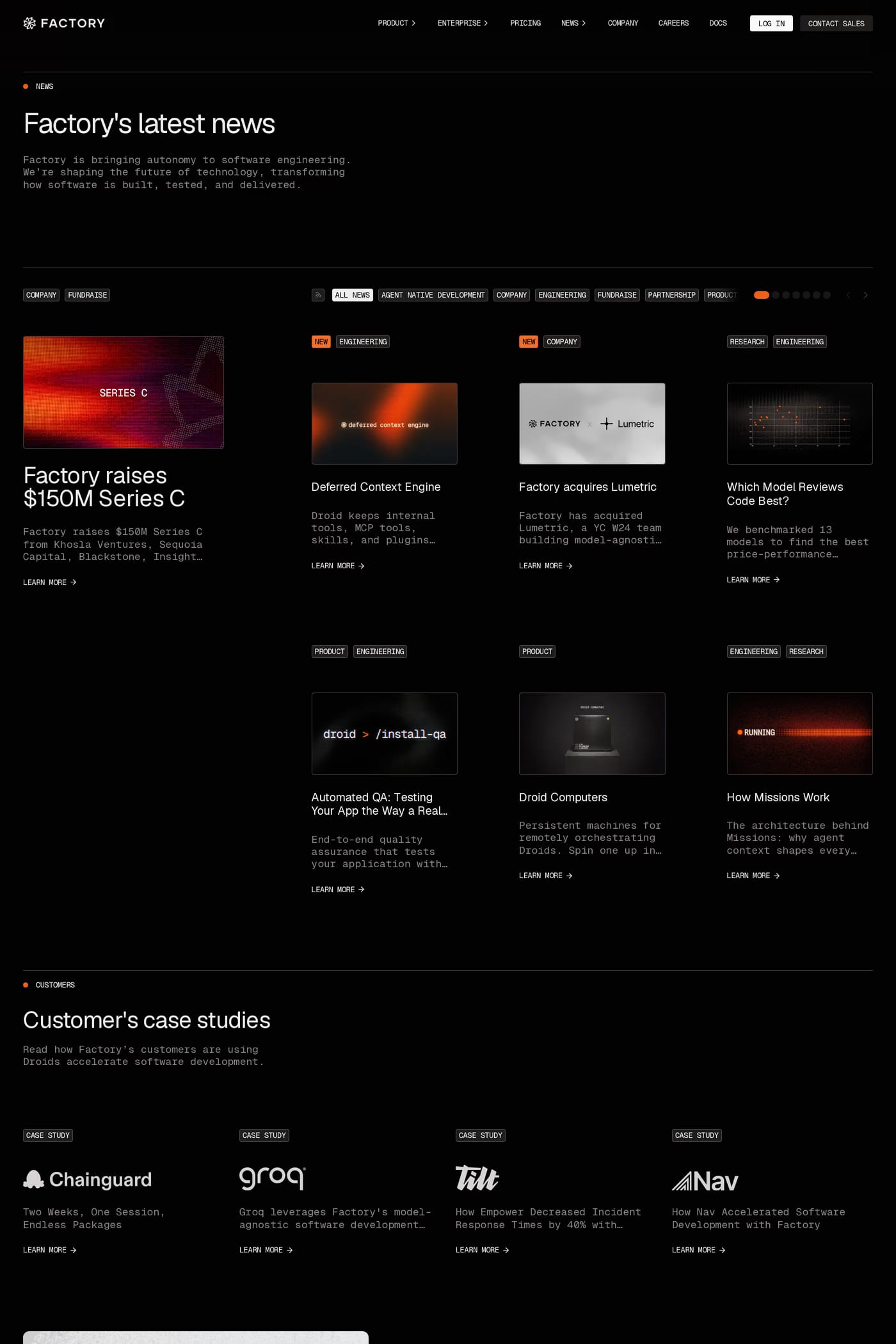 Factory — screenshot of the blog page