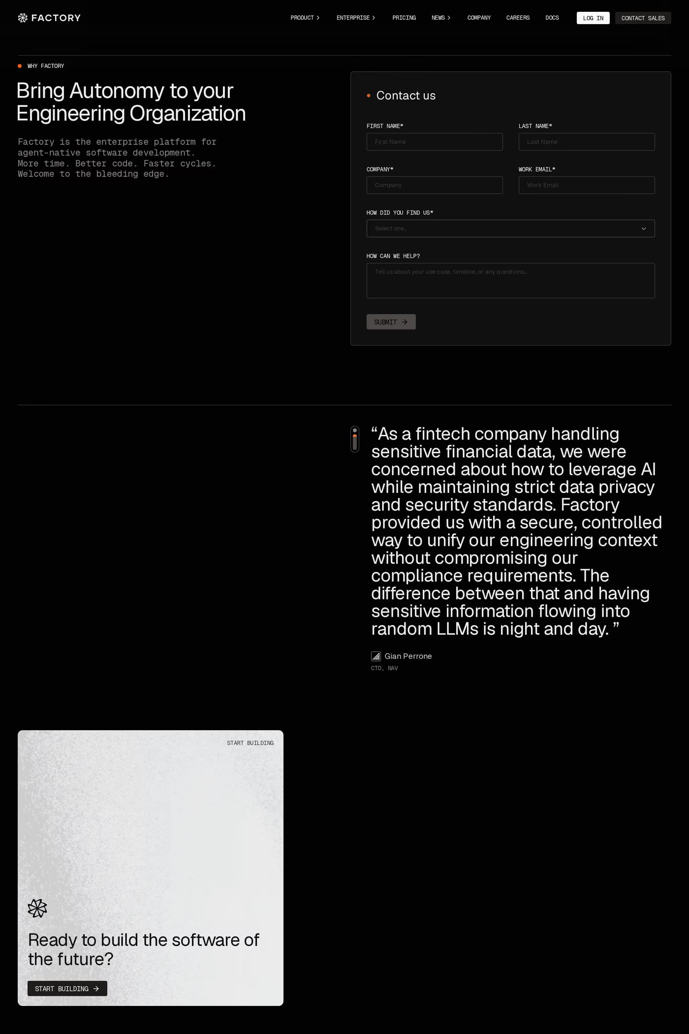 Factory — screenshot of the contact page