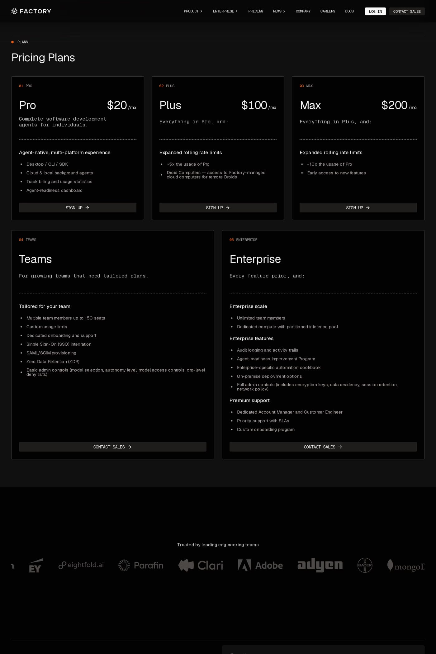 Factory — screenshot of the pricing page