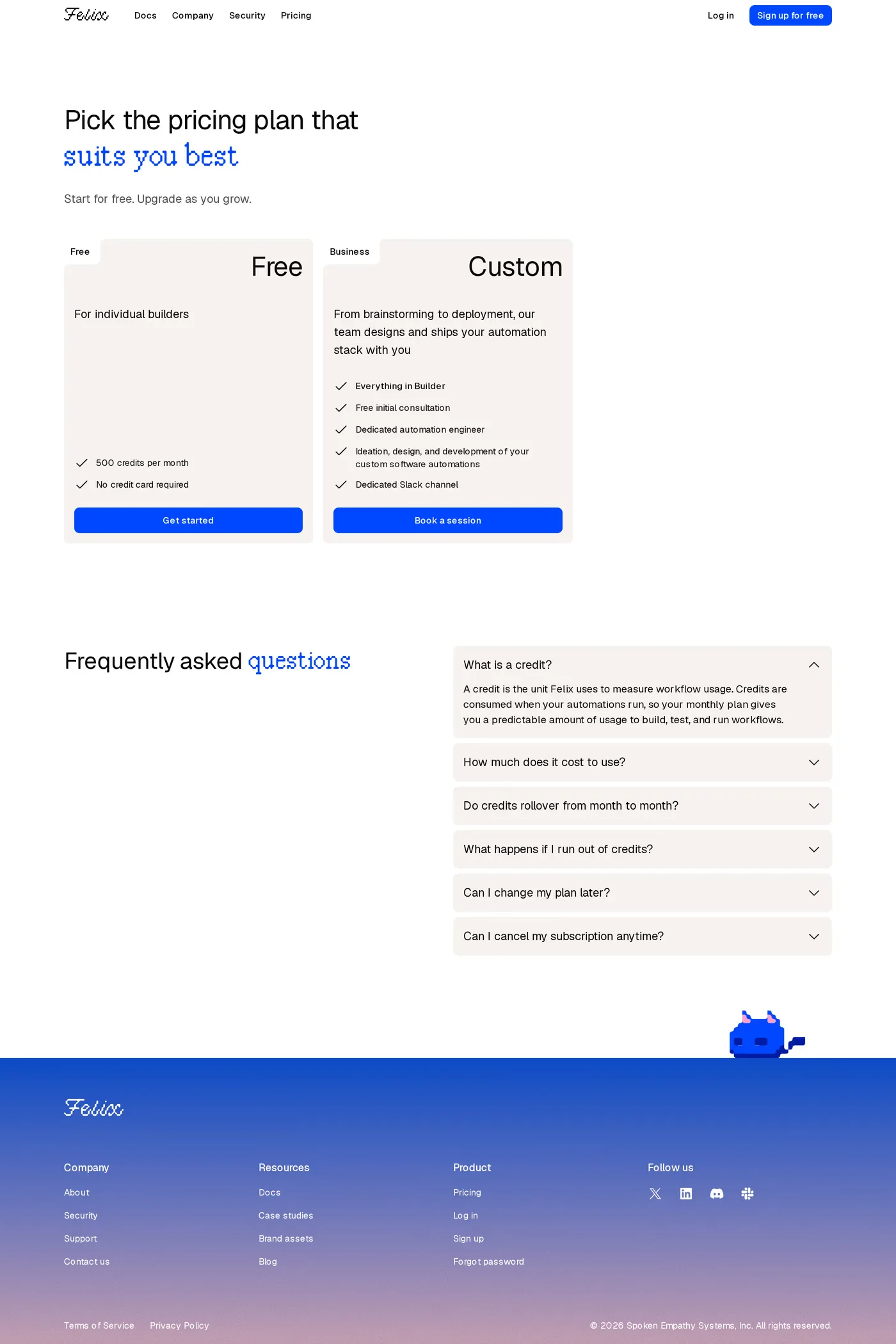 Felix — screenshot of the pricing page