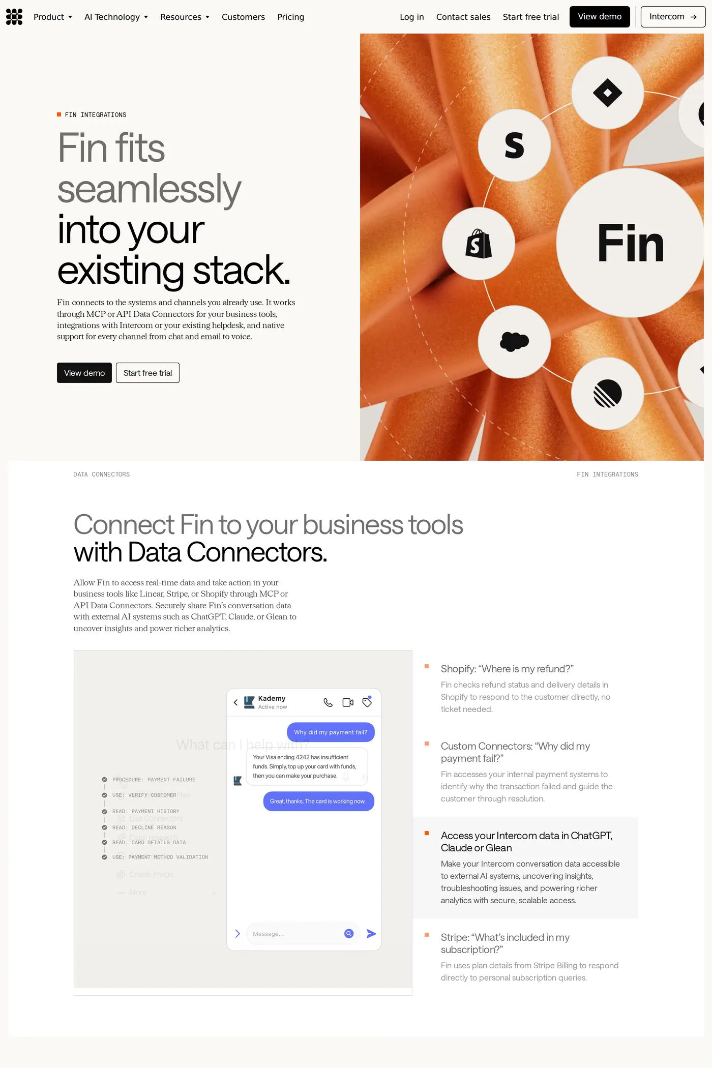 Fin — screenshot of the integrations page