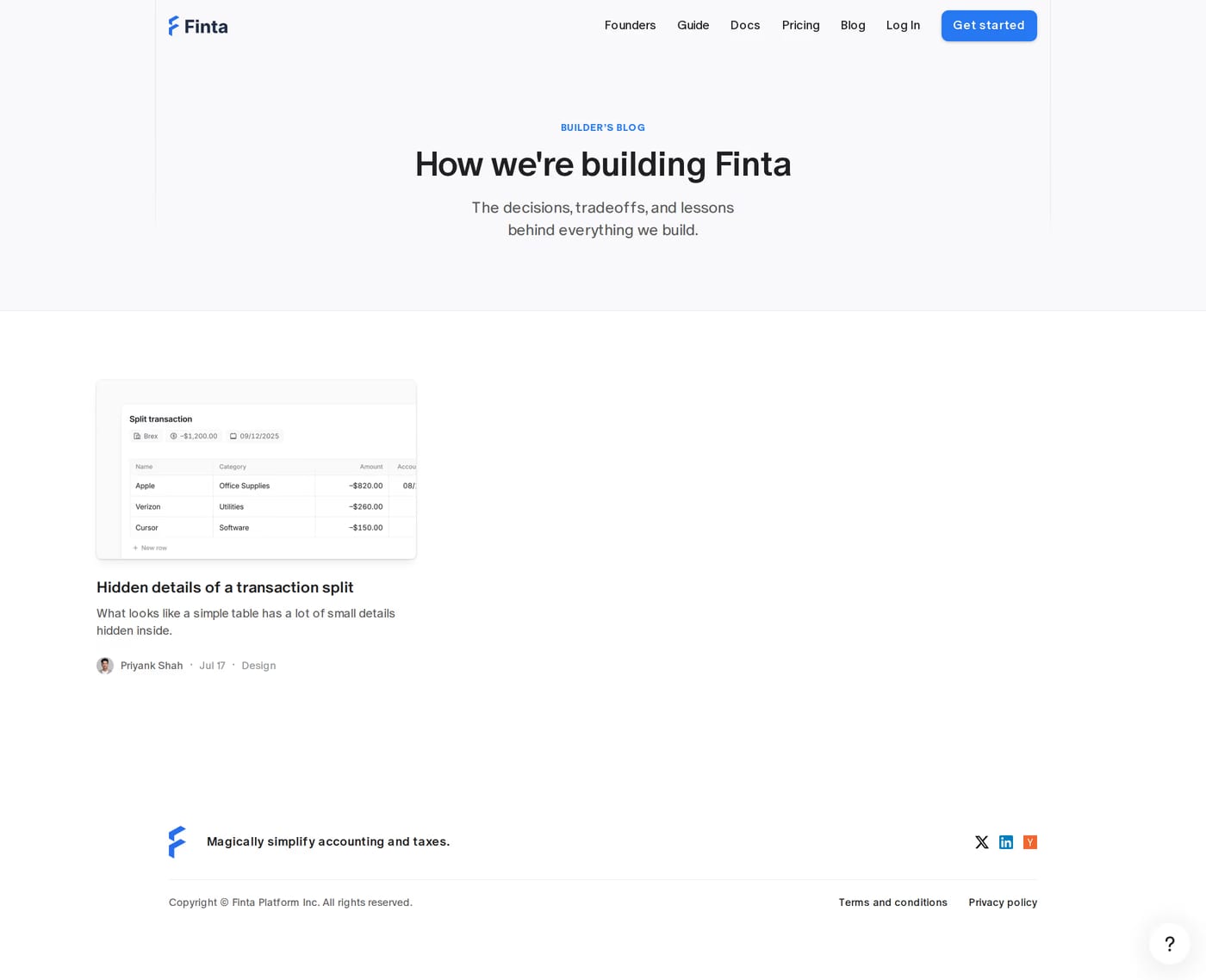 Finta — screenshot of the blog page