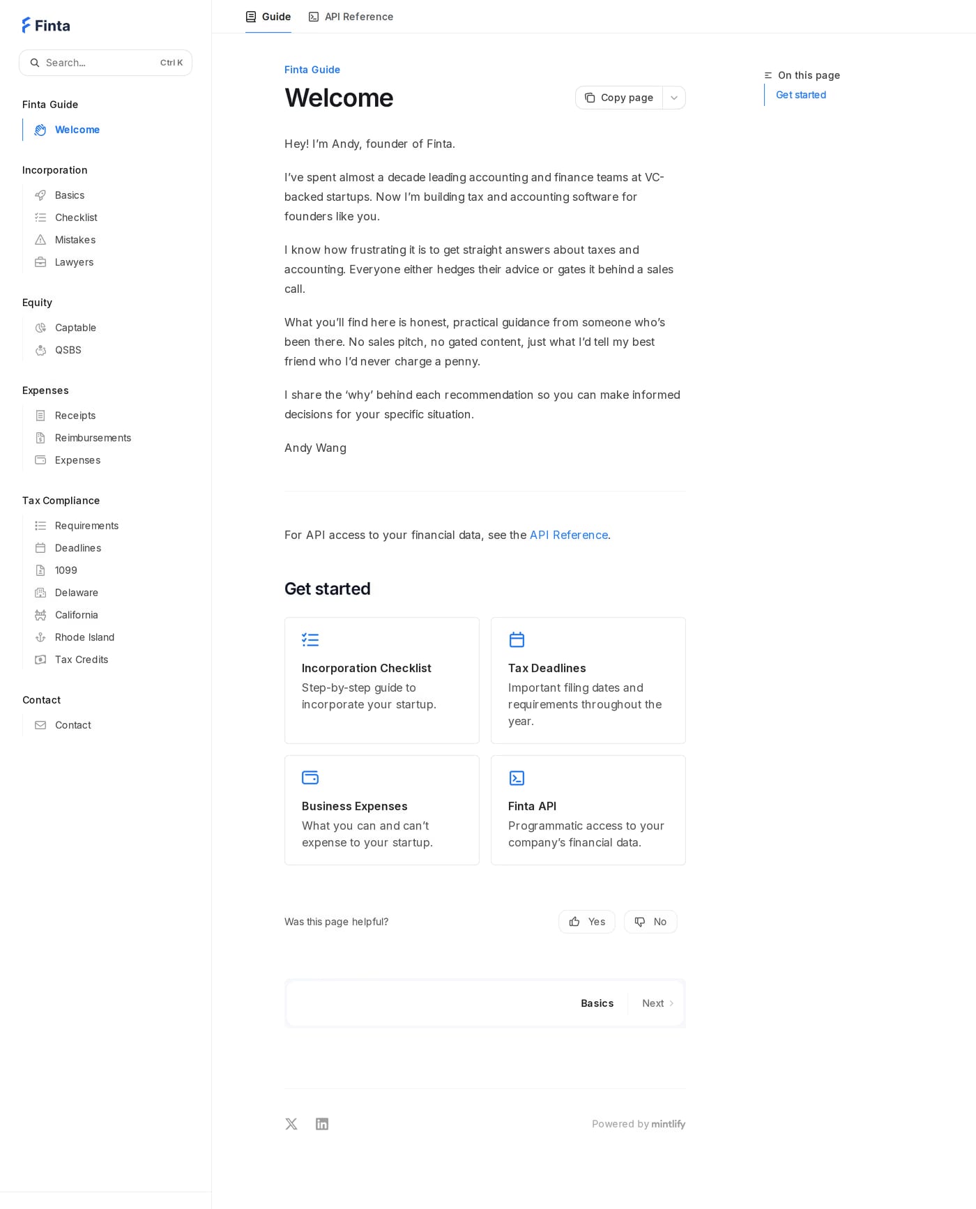 Finta — screenshot of the docs page