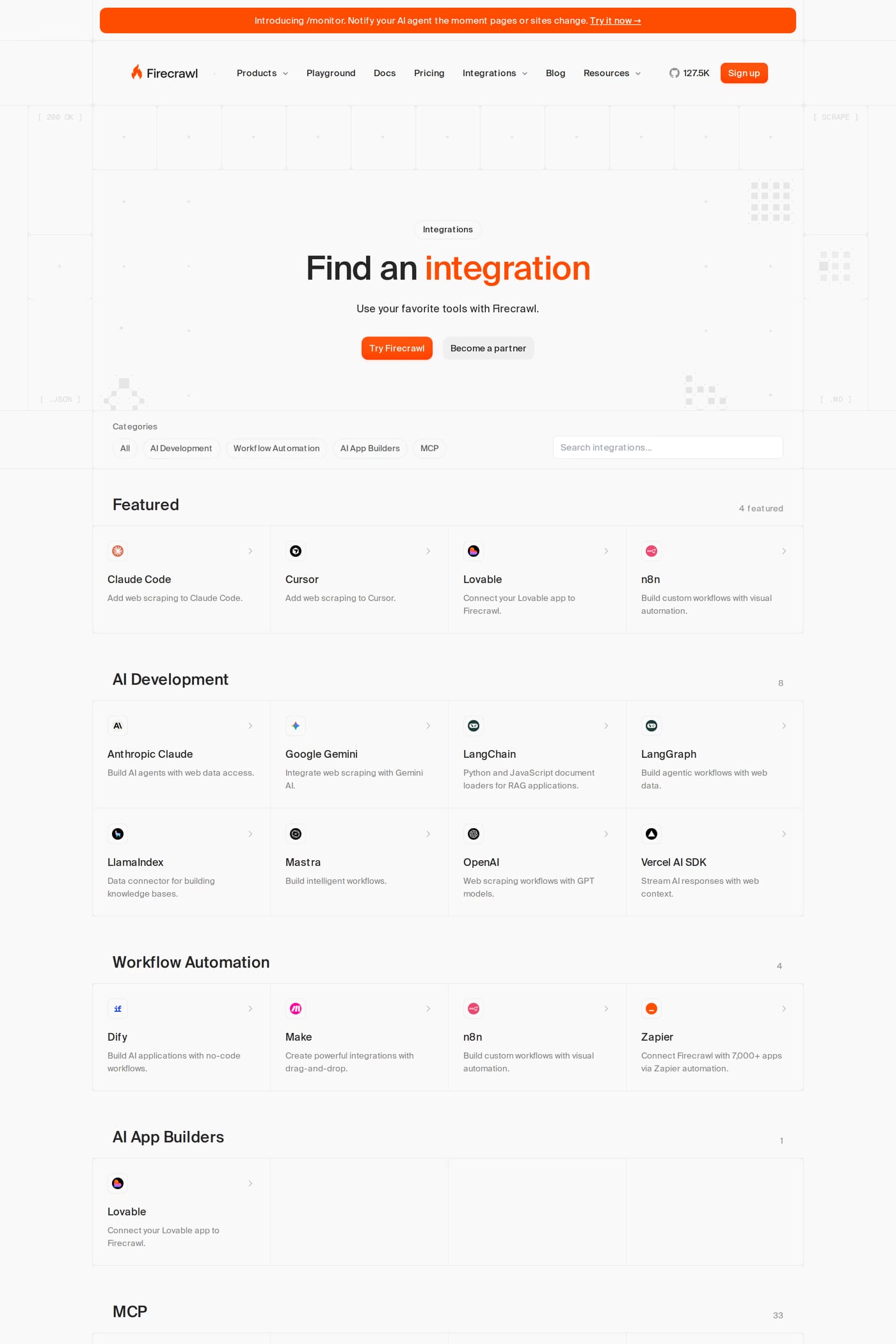 Firecrawl — screenshot of the integrations page