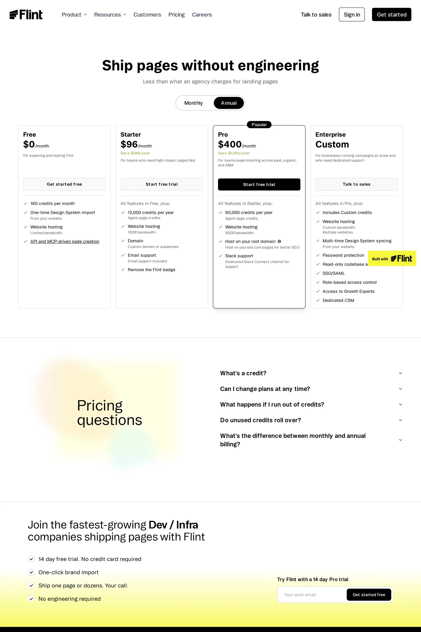 Flint — screenshot of the pricing page