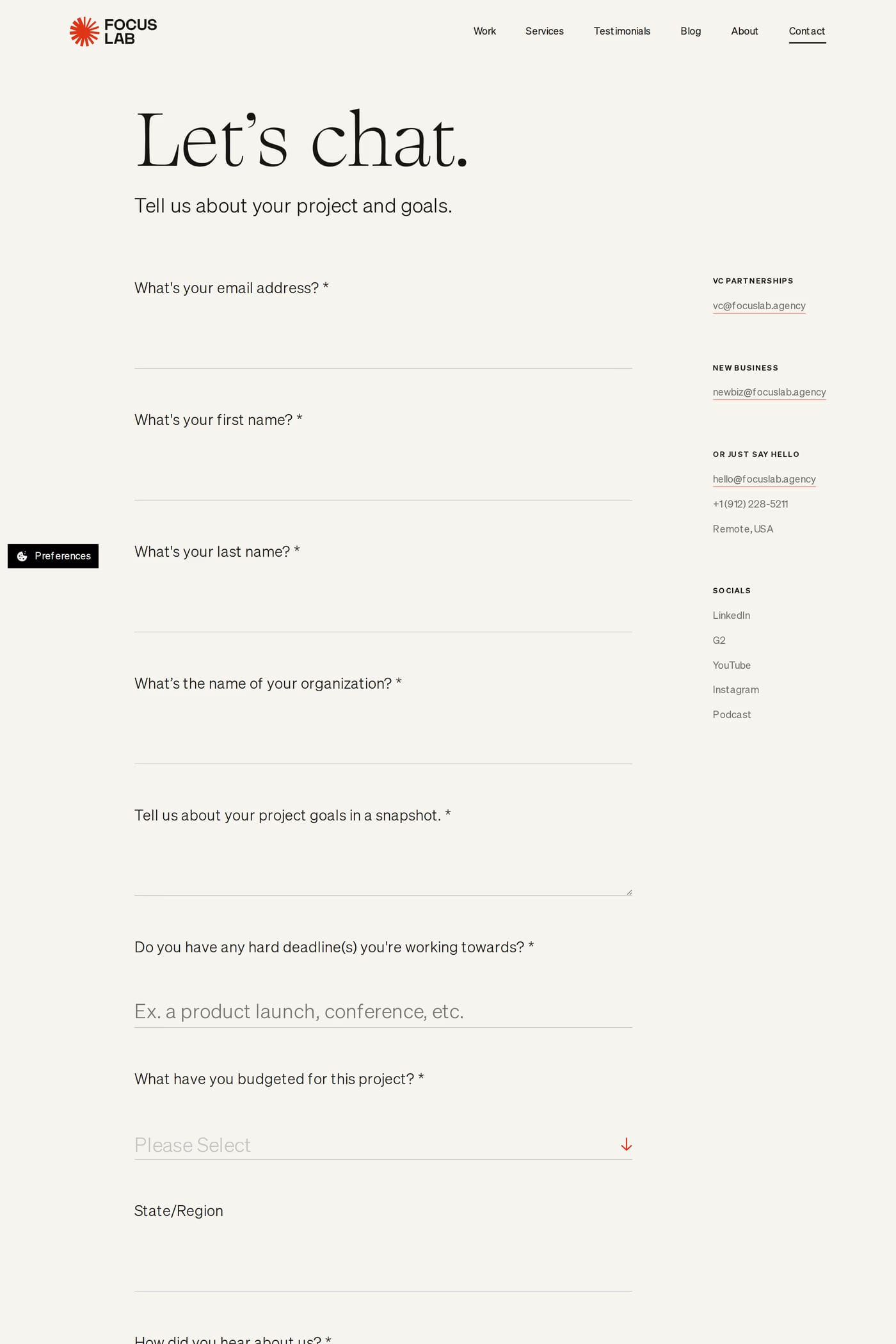 Focus Lab — screenshot of the contact page