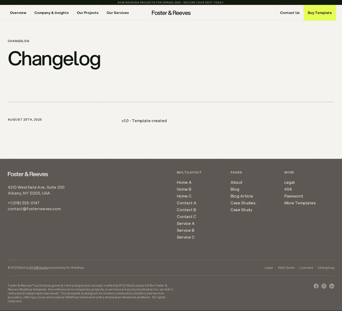 Foster & Reeves — screenshot of the changelog page