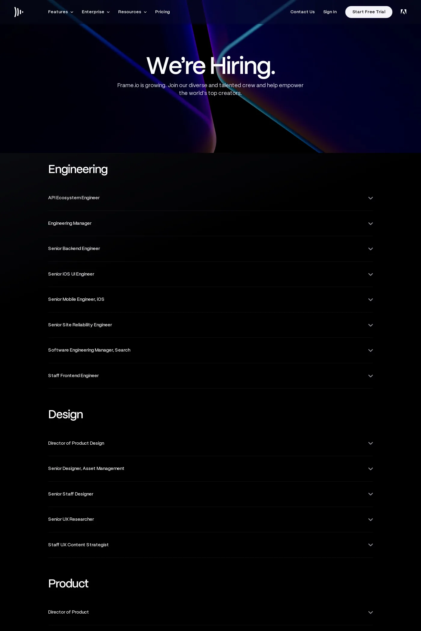 Frame.io — screenshot of the careers page