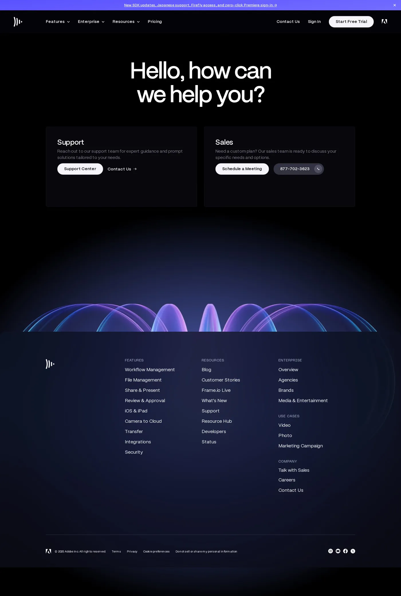 Frame.io — screenshot of the contact page