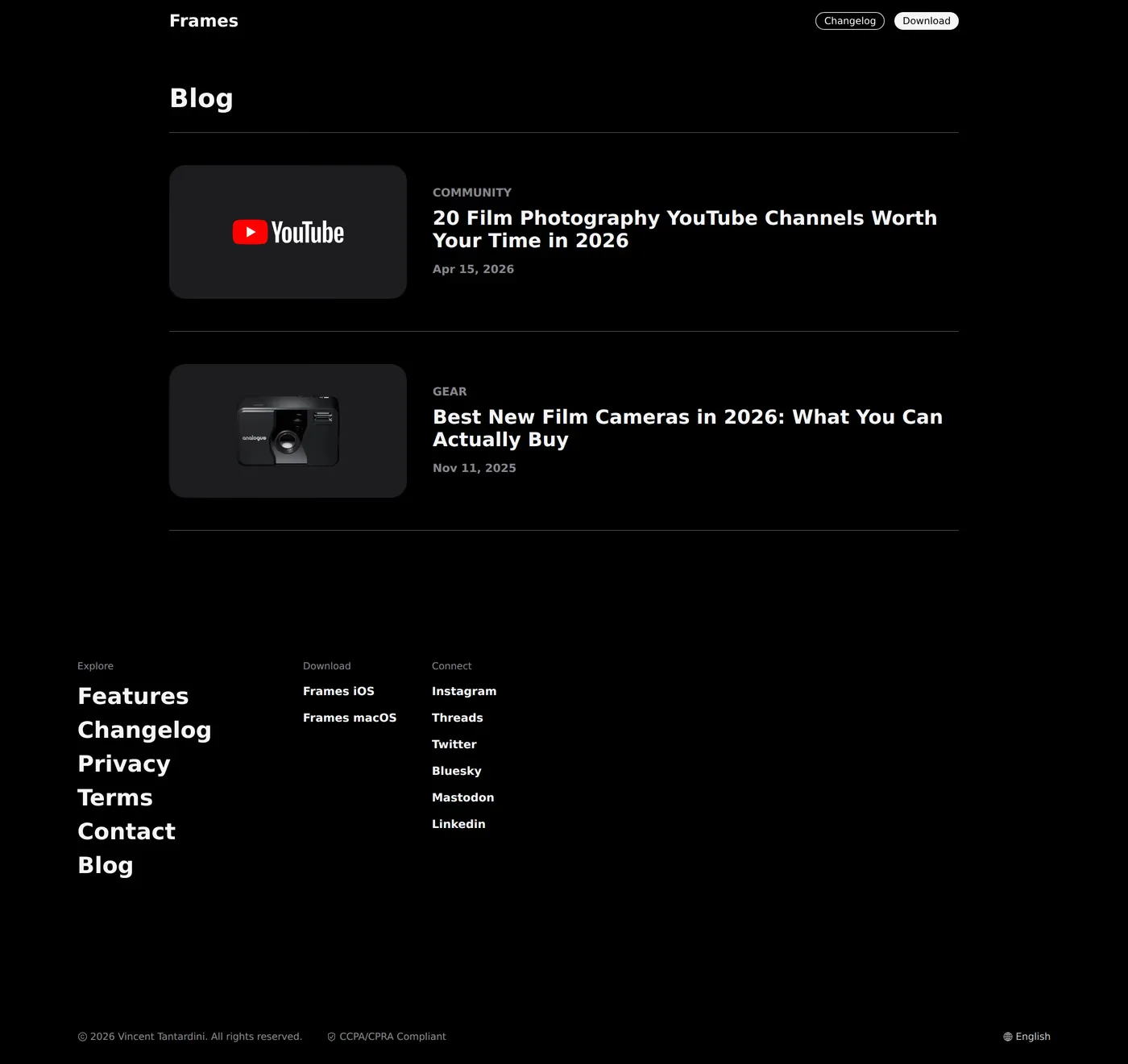 Frames — screenshot of the blog page