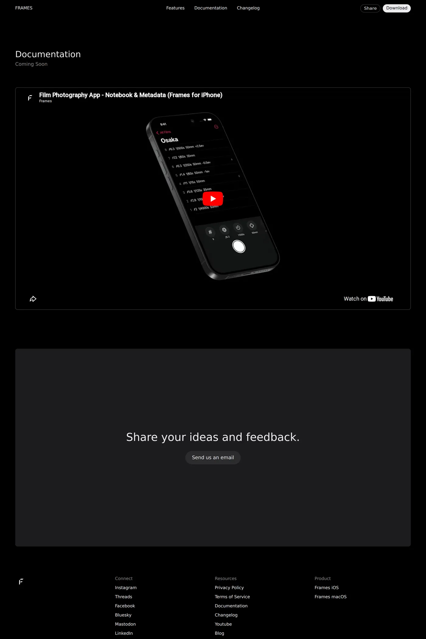 Frames — screenshot of the docs page
