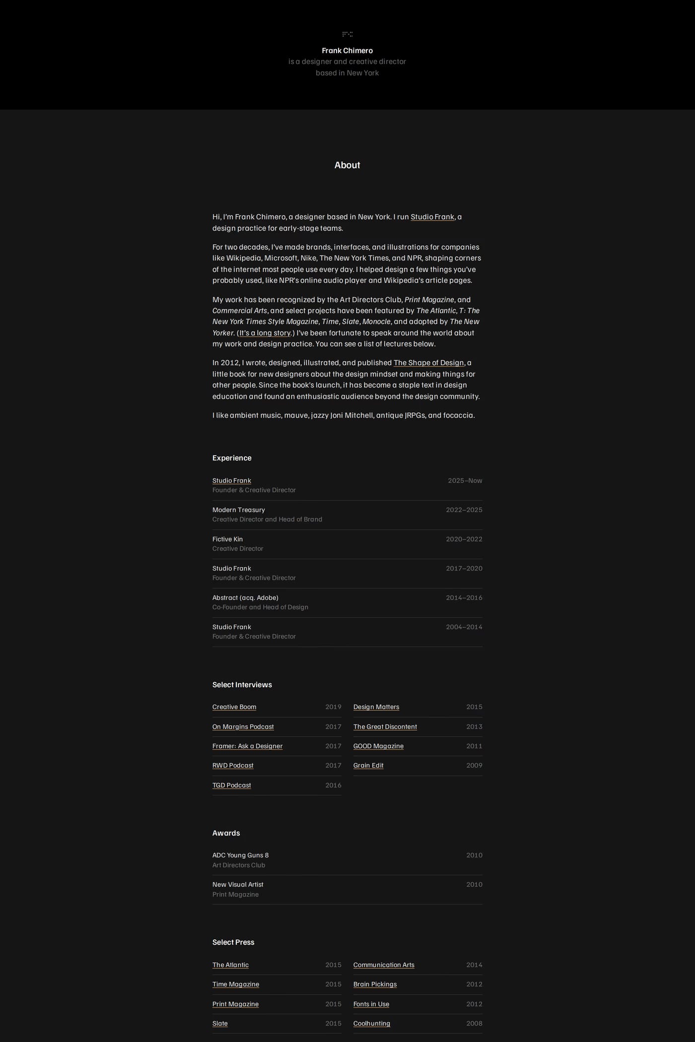 Frank Chimero — screenshot of the about page