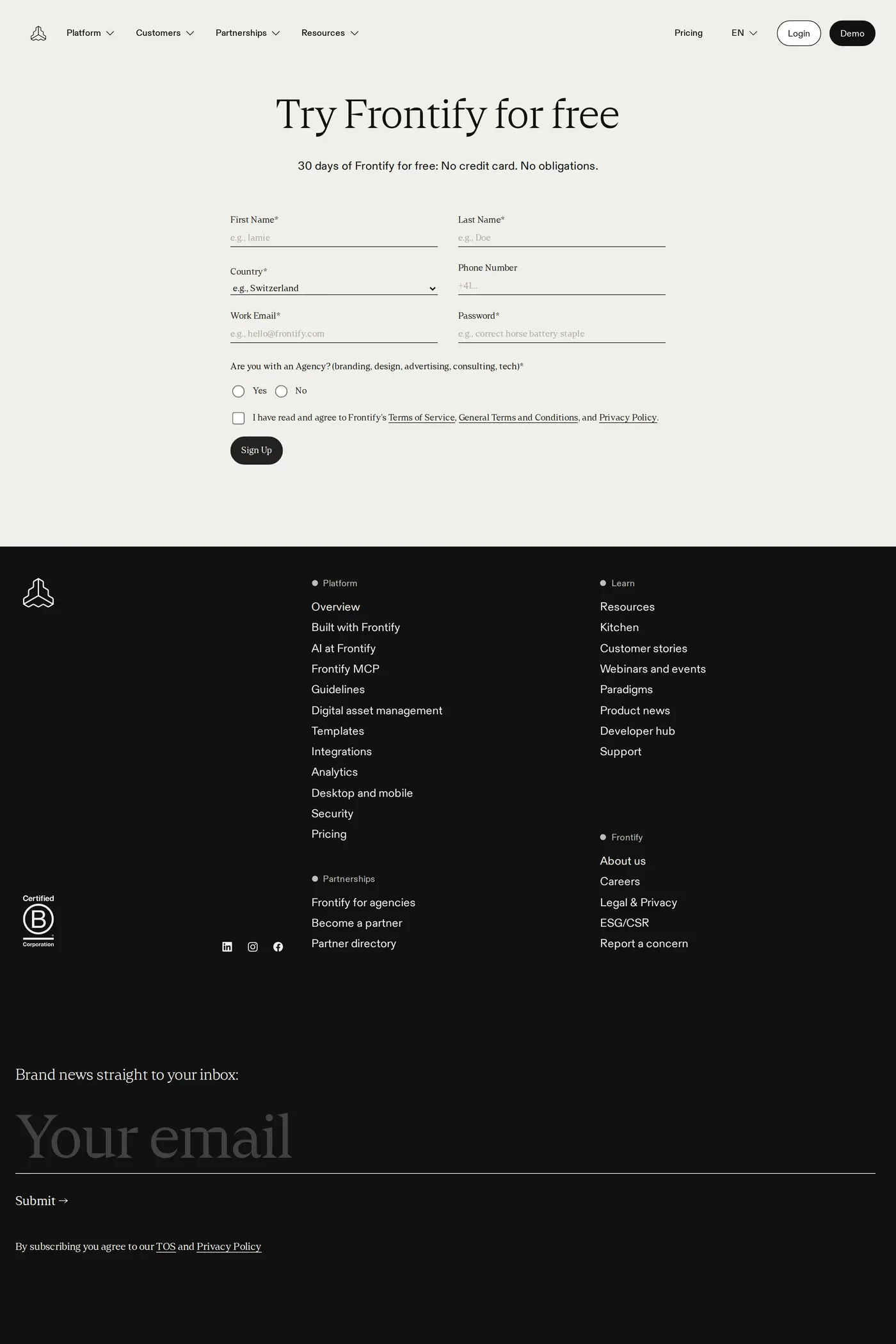 Frontify — screenshot of the sign up page