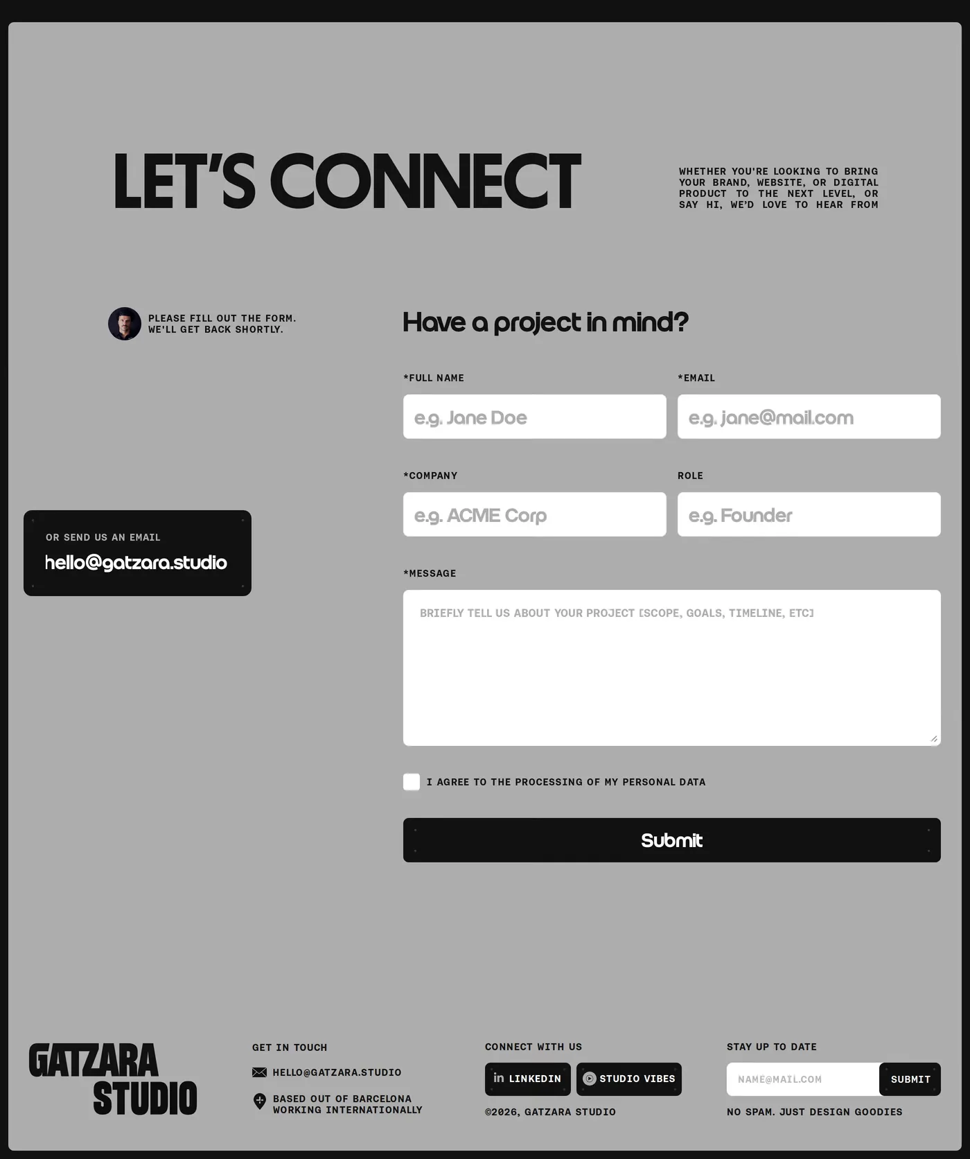 GATZARA Studio — screenshot of the contact page