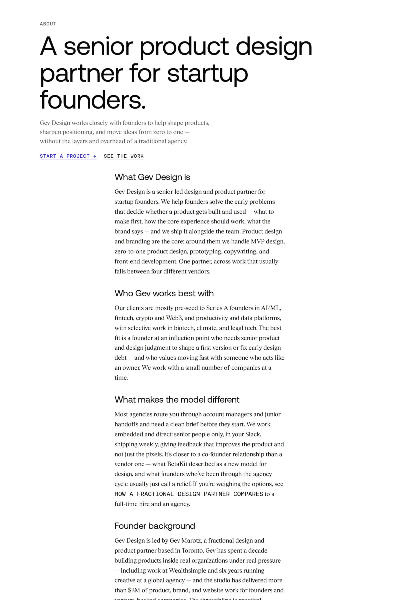 Gev Design — screenshot of the about page